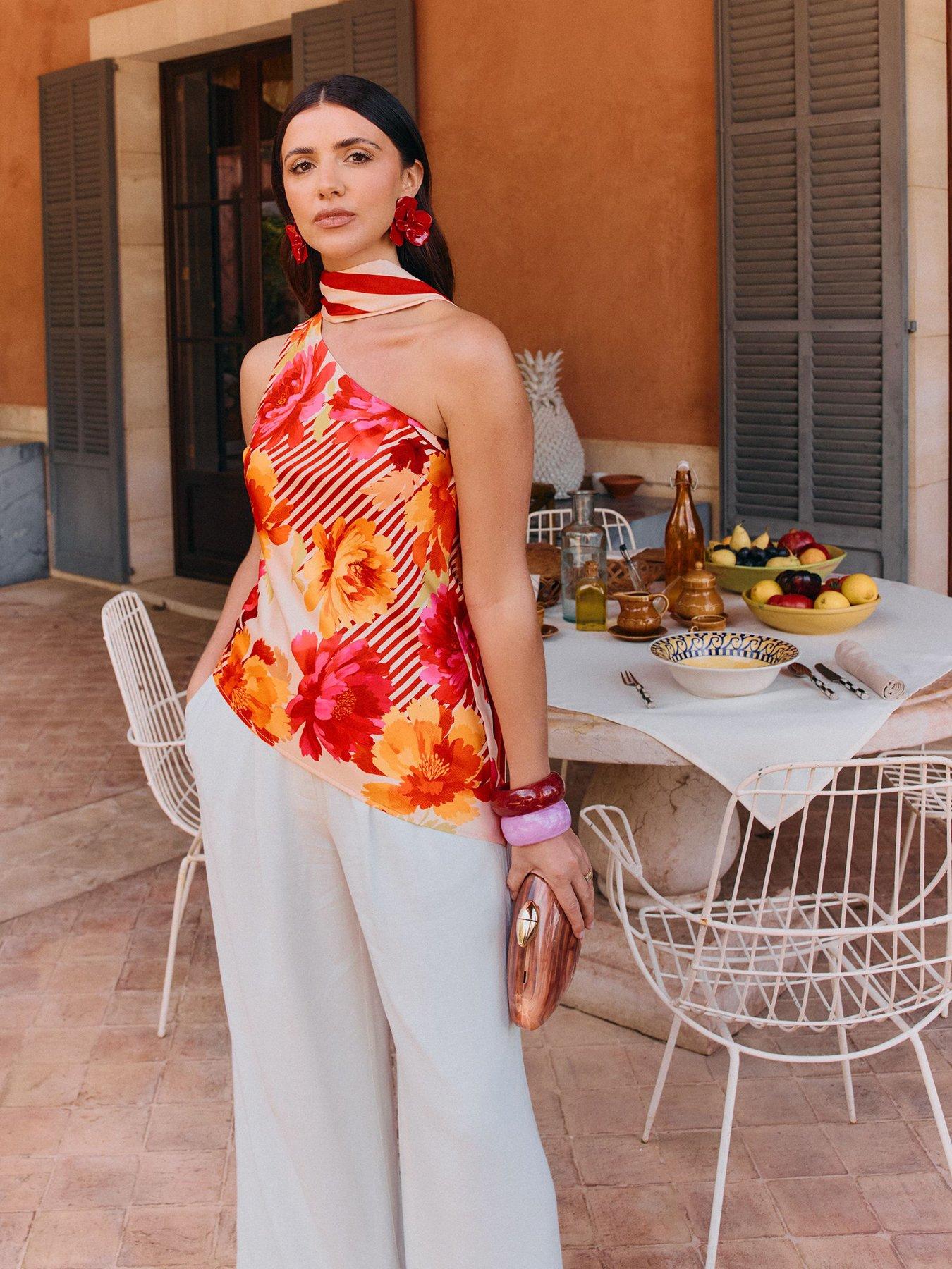 Image 1 of 4 of Friends Like These Stripe Floral Print Satin Scarf Blouse Top - Multi