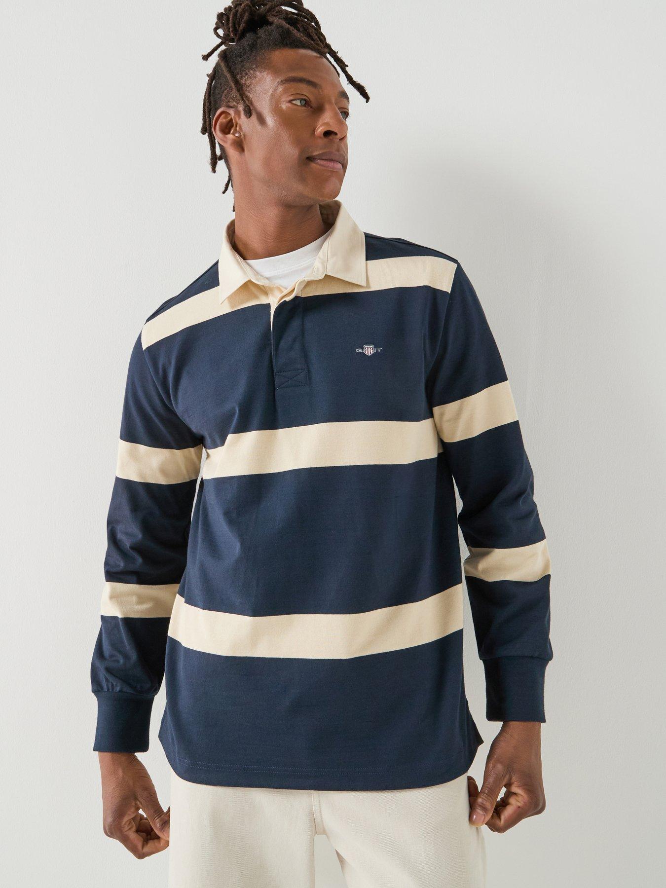 GANT Striped Rugger Rugby Long Sleeve Polo Shirt, Navy, Size 2Xl, Men
