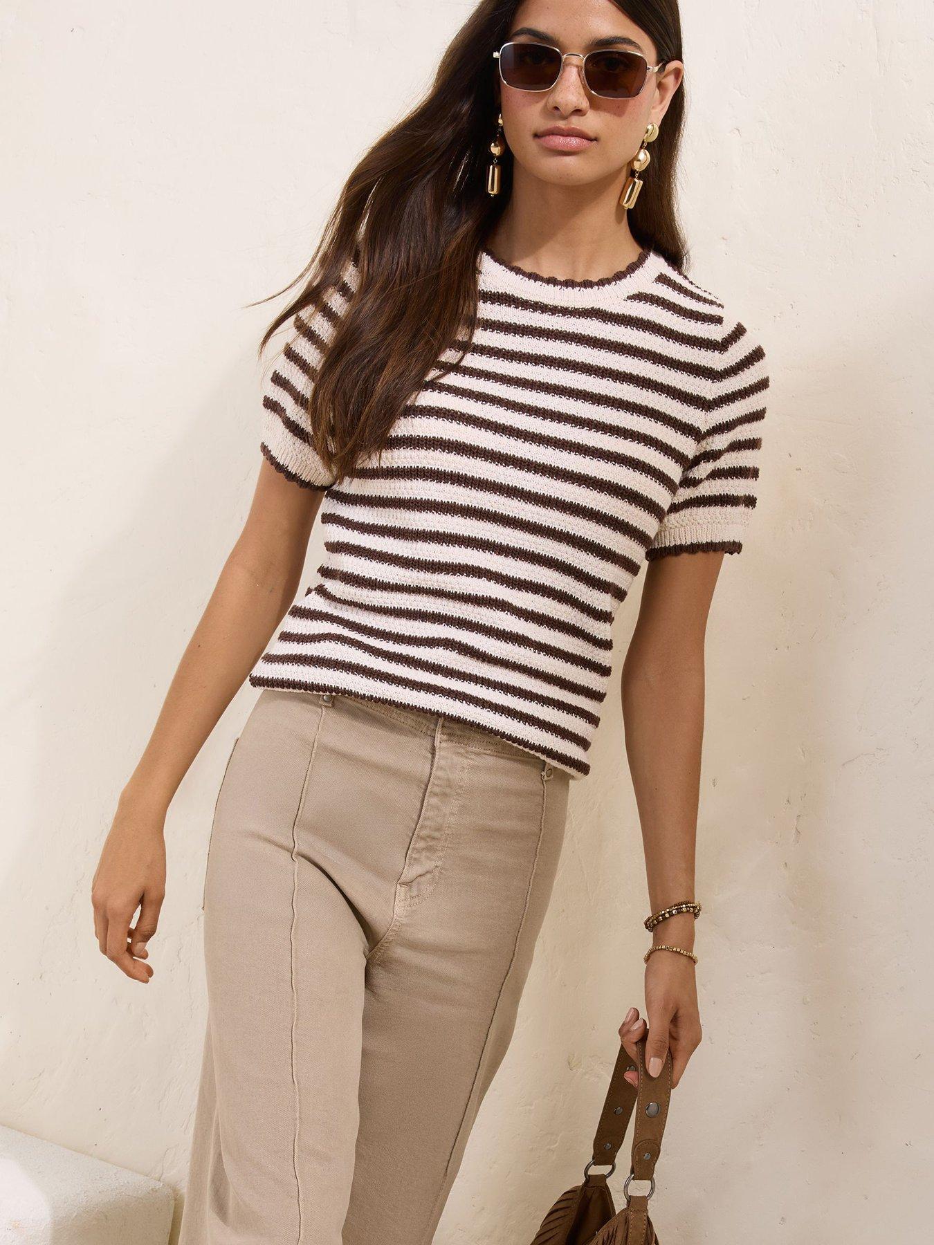 Friends Like These Ruffle Stripe Short Sleeve Top Brown - Multi