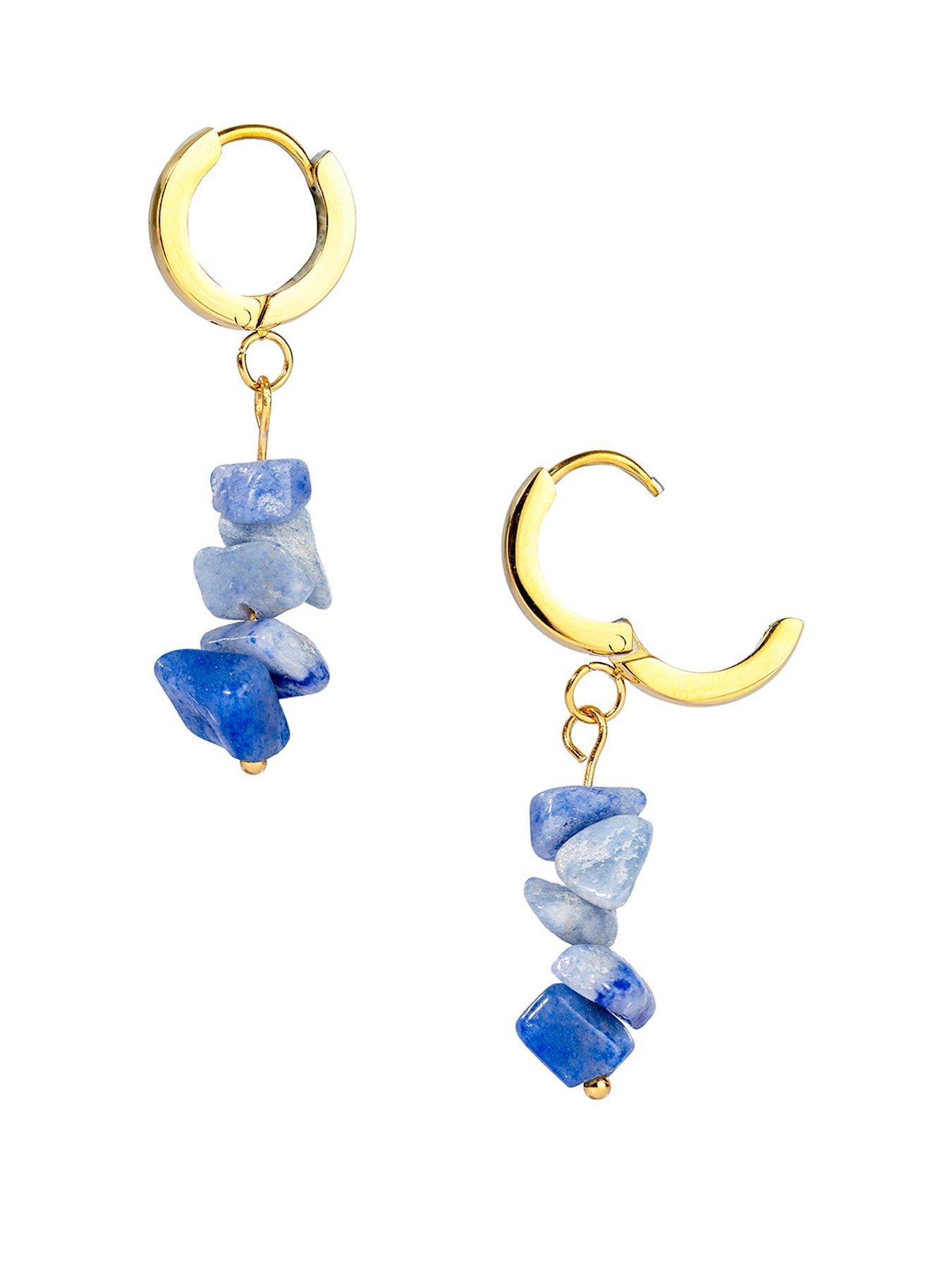 The Love Collection 18Ct Gold Pvd Plated Waterproof Stainless Steel Blue Gemstone Huggie Drop Earrings