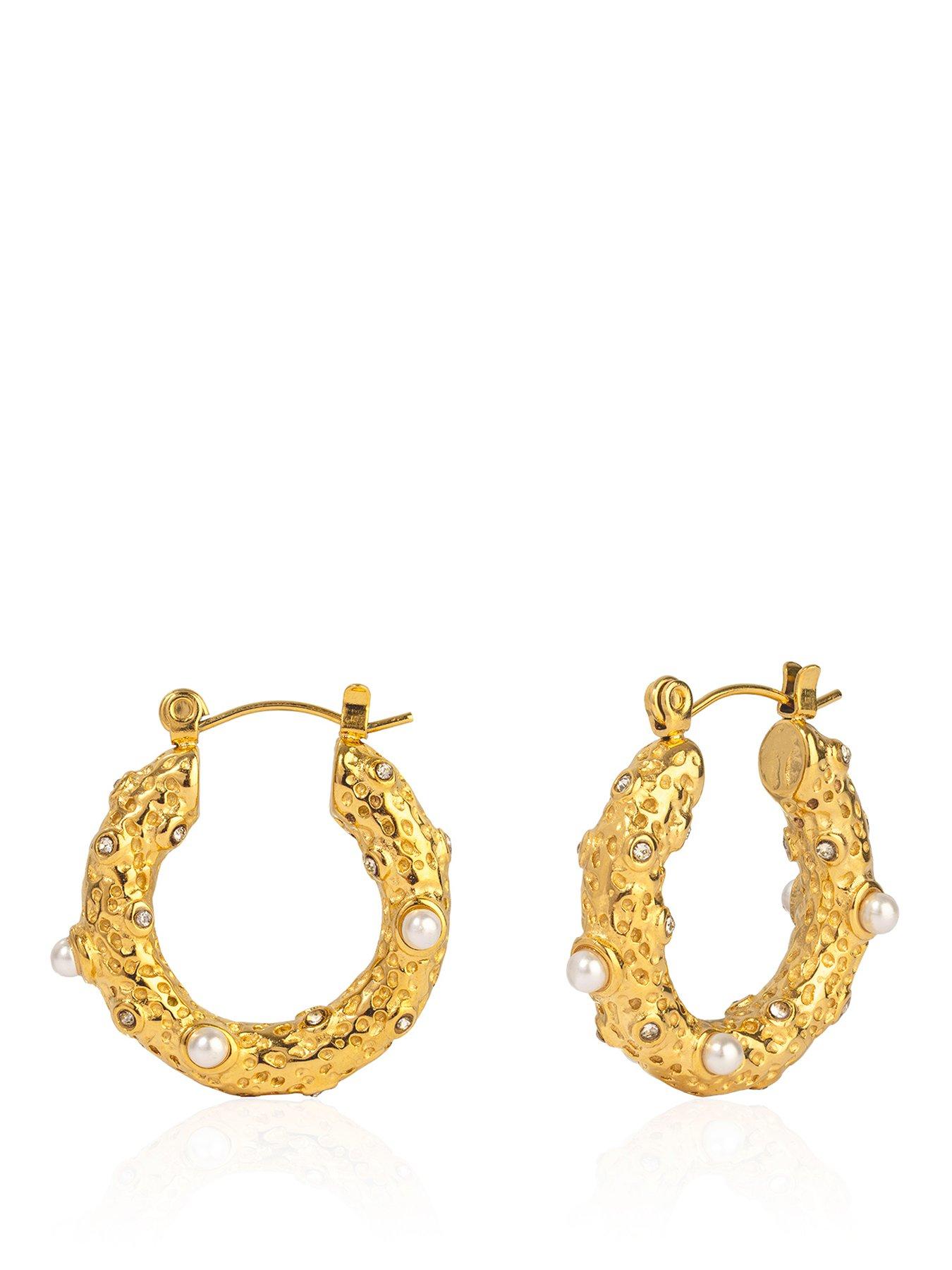 The Love Collection Gold Plated Stainless Steel Pearl and CZ Textured Creole Earrings