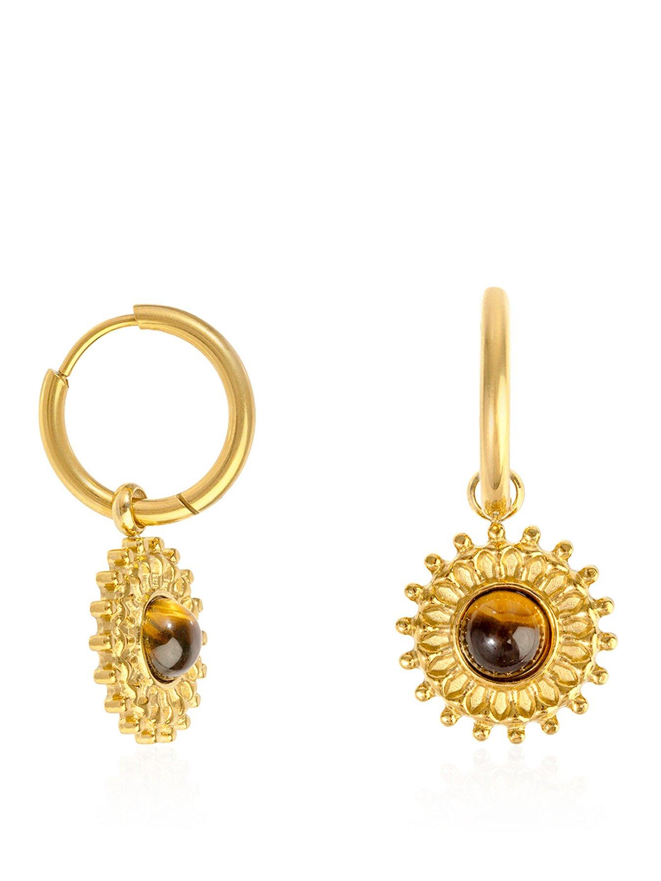The Love Collection Gold Plated Stainless Steel Brown Sun Charm Hoop