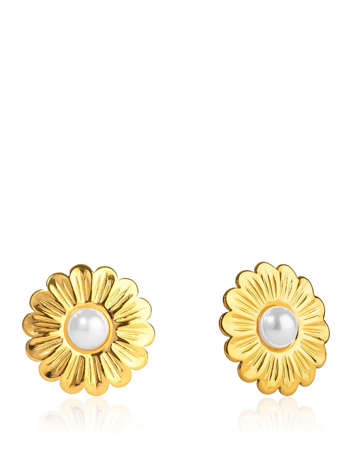 Image 1 of 5 of The Love Collection Gold Plated Stainless Steel Pearl Flower Stud Earrings