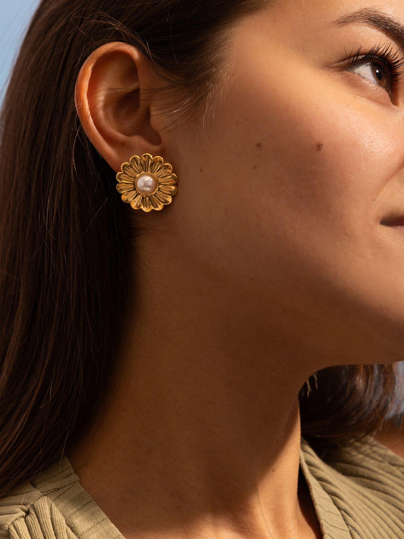 Image 2 of 5 of The Love Collection Gold Plated Stainless Steel Pearl Flower Stud Earrings