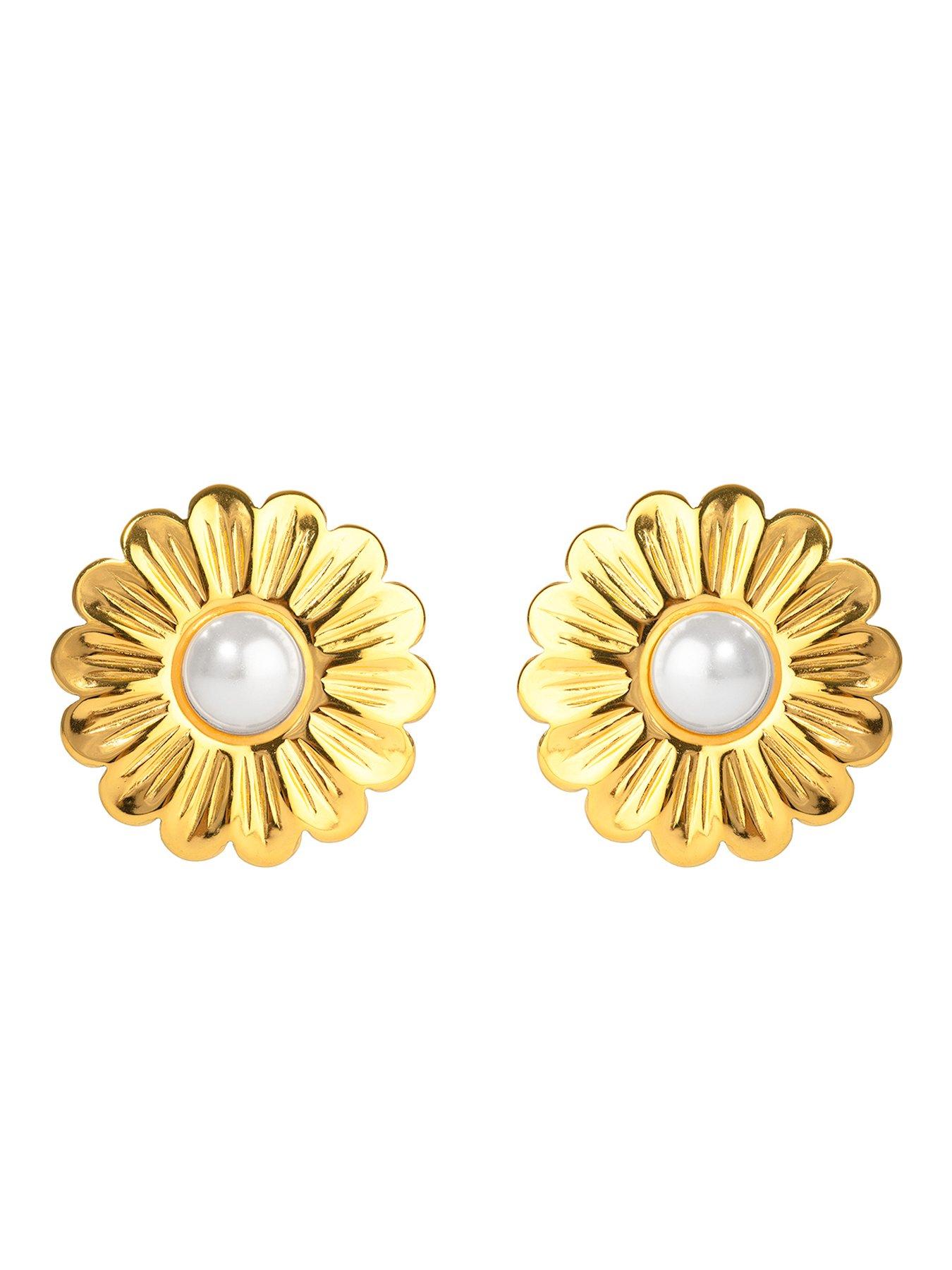 Image 3 of 5 of The Love Collection Gold Plated Stainless Steel Pearl Flower Stud Earrings
