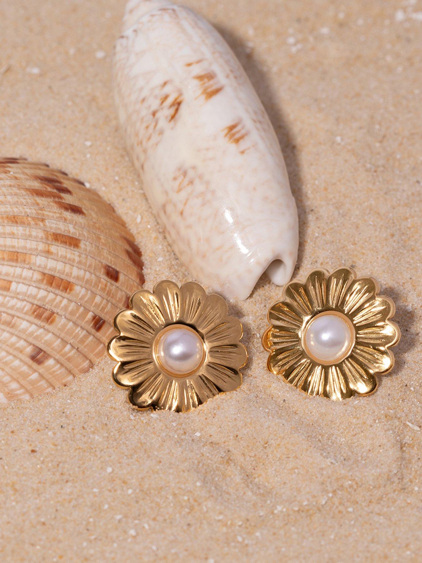 Image 4 of 5 of The Love Collection Gold Plated Stainless Steel Pearl Flower Stud Earrings