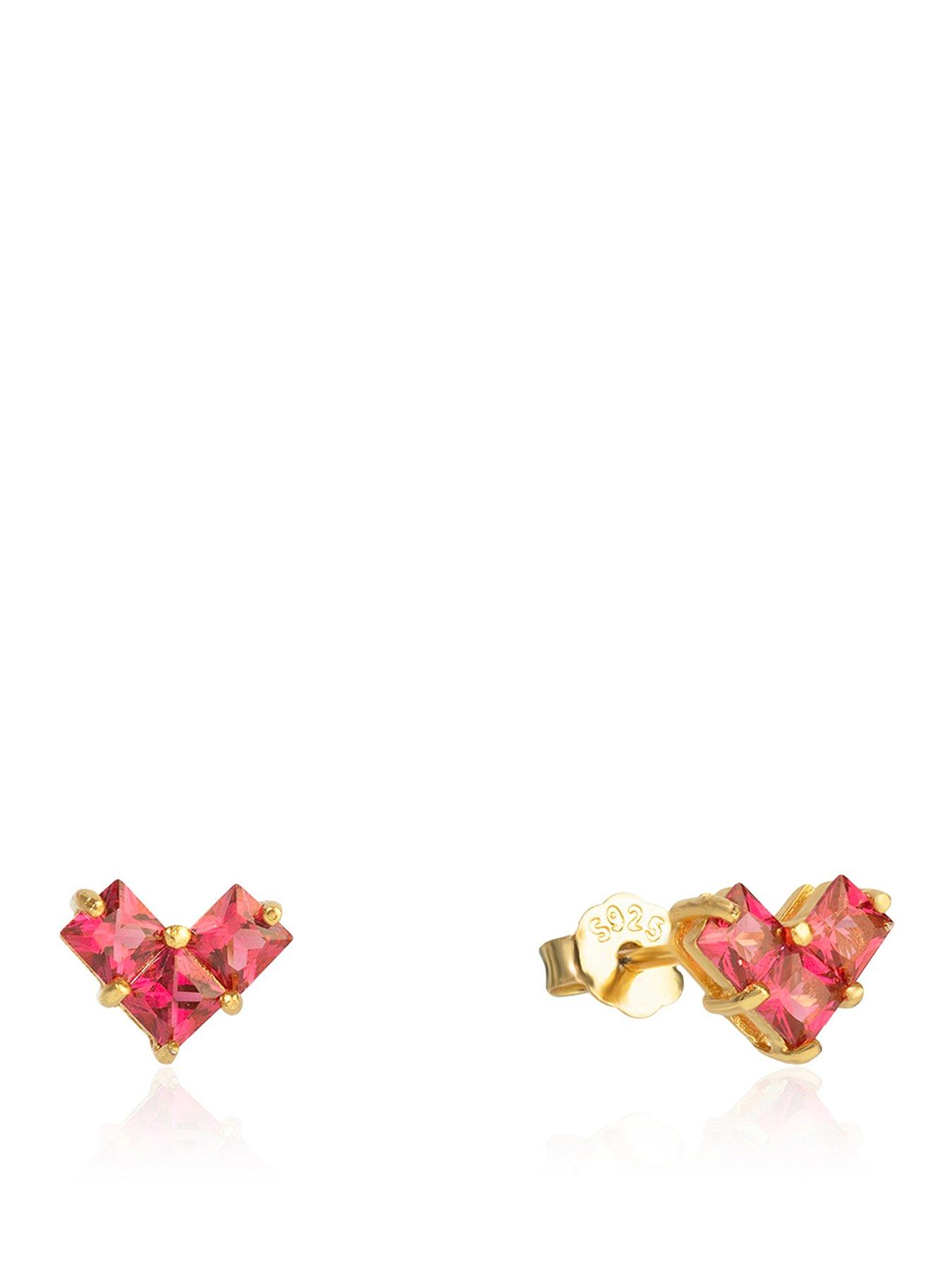 Image 1 of 5 of The Love Collection Gold Plated Sterling Silver Ruby CZ Emerald Cut Heart Studs