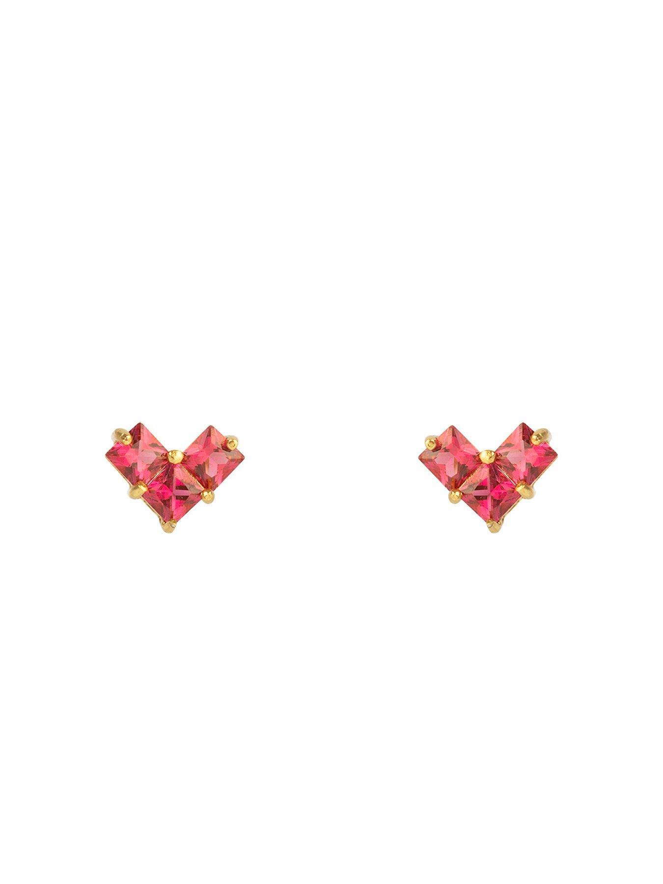 Image 3 of 5 of The Love Collection Gold Plated Sterling Silver Ruby CZ Emerald Cut Heart Studs