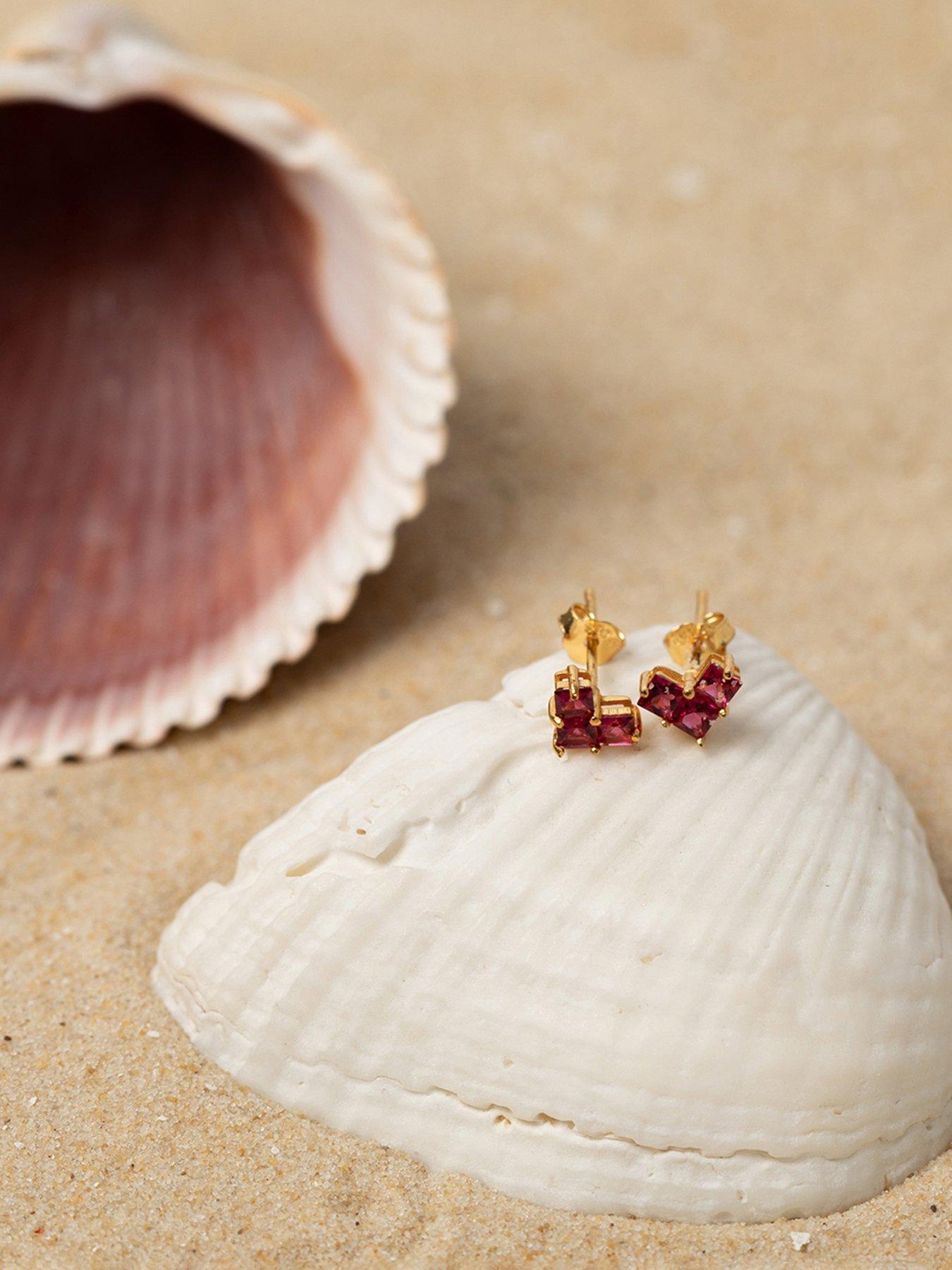 Image 4 of 5 of The Love Collection Gold Plated Sterling Silver Ruby CZ Emerald Cut Heart Studs