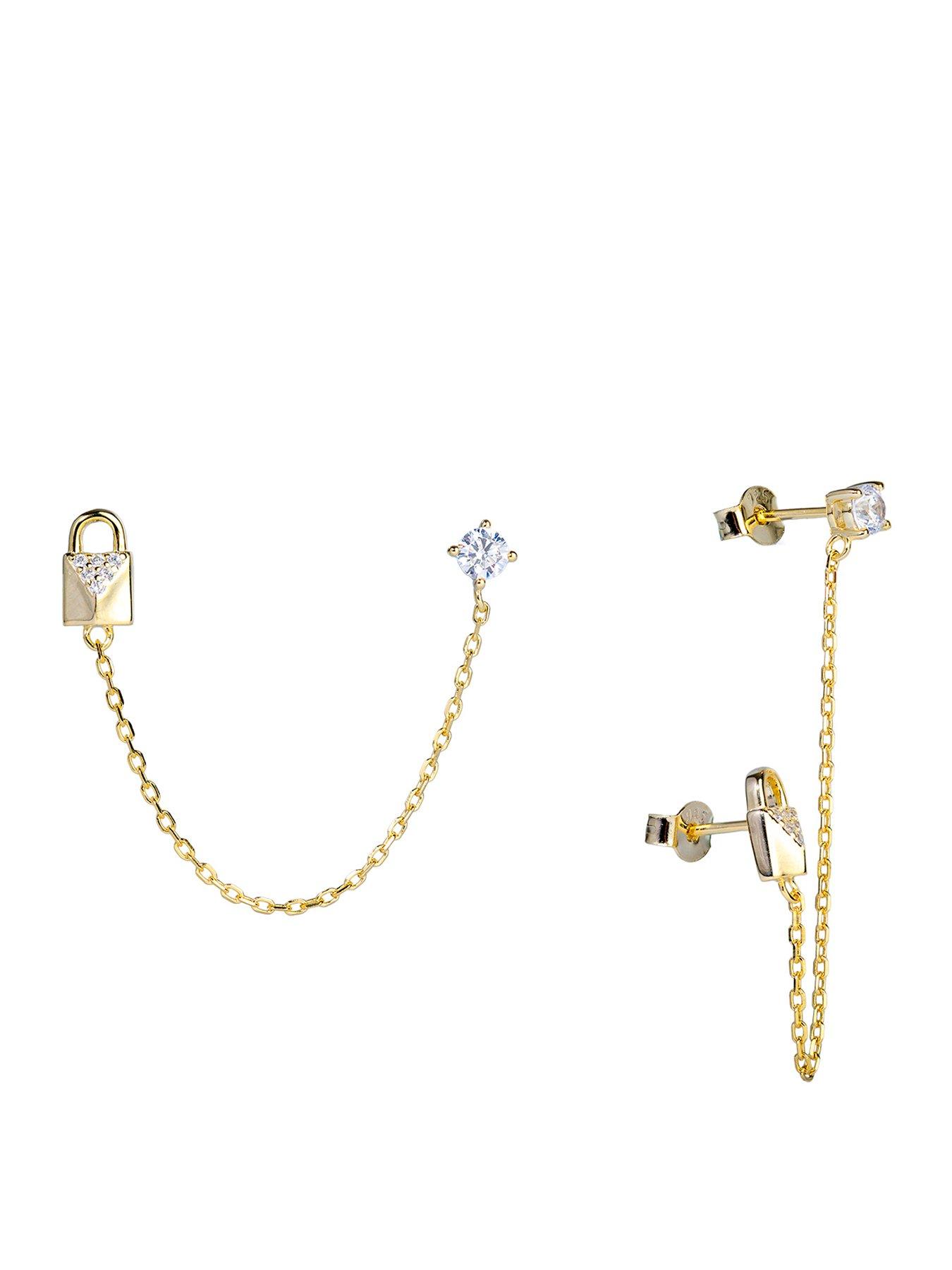 The Love Collection Gold Plated Sterling Silver Padlock &  Chain CZ Earrings