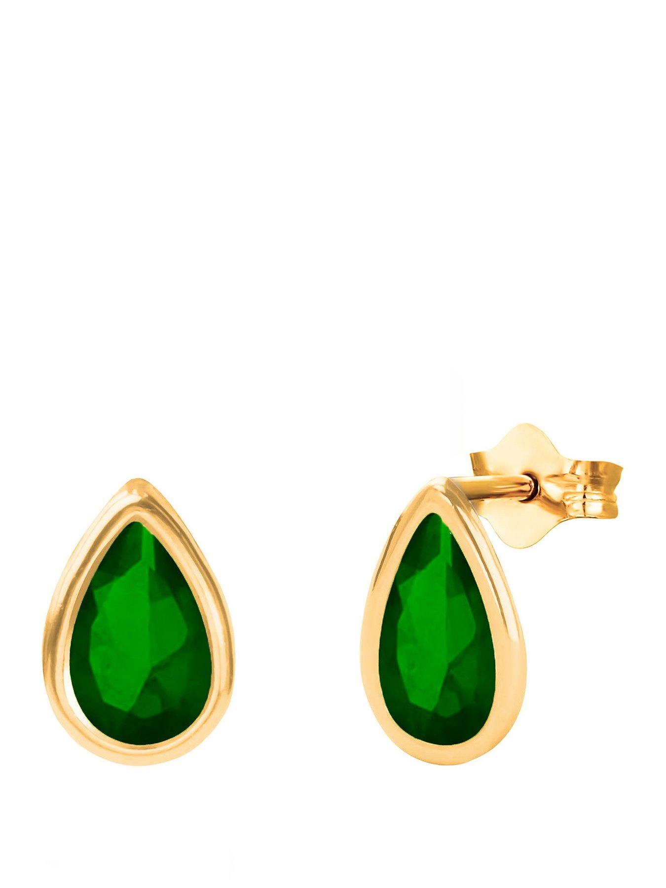 The Love Collection 9ct Yellow Gold Emerald CZ Teardrop Rubover Stud