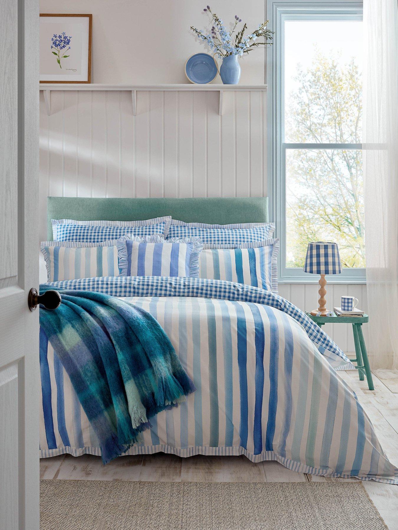 Bluebellgray Sunday Stripe 100% Cotton Blue Double Quilt Set 200cm X 200cm