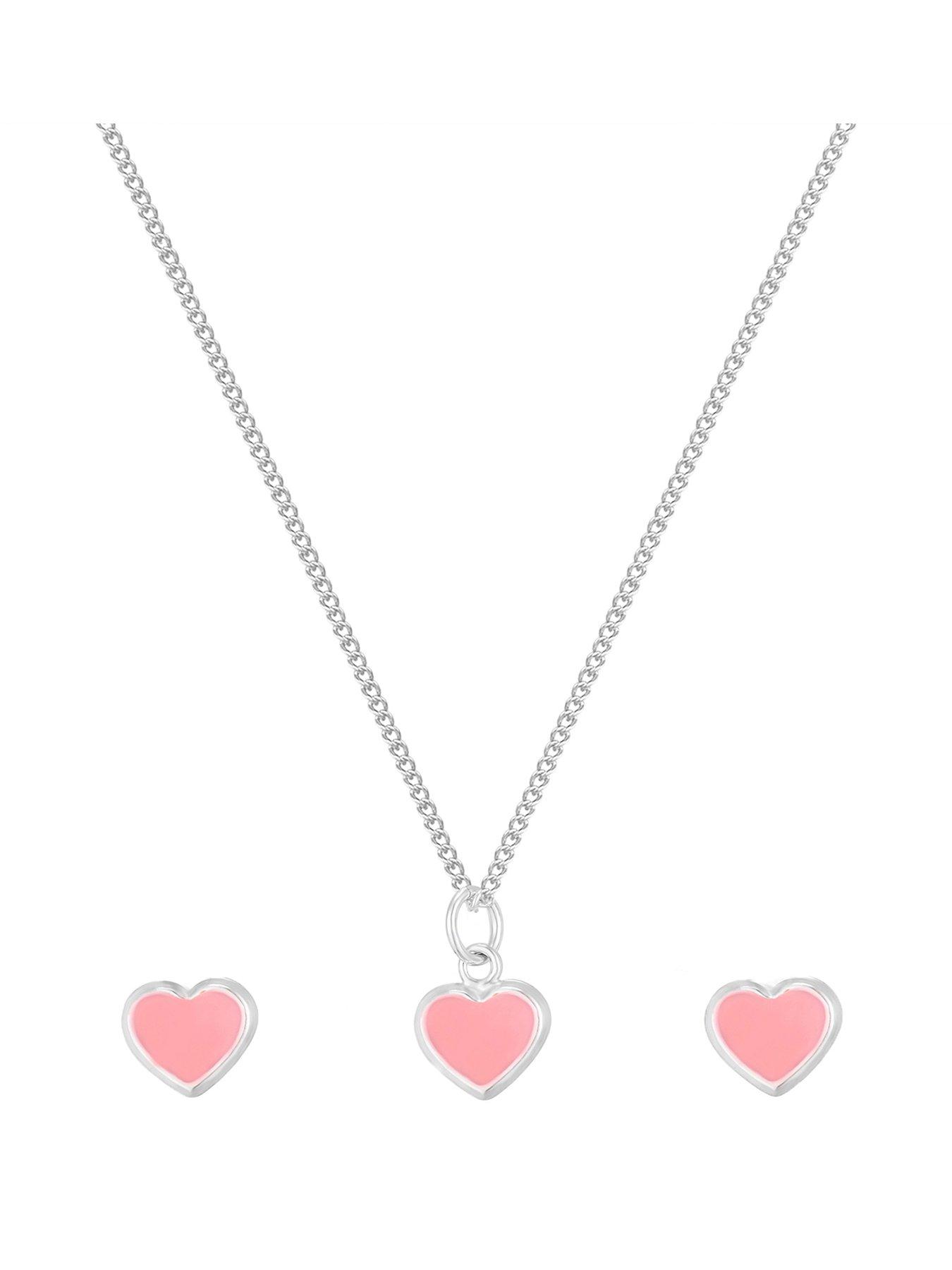 The Love Collection Sterling Silver Pink Enamelled Heart Necklace and Stud Set