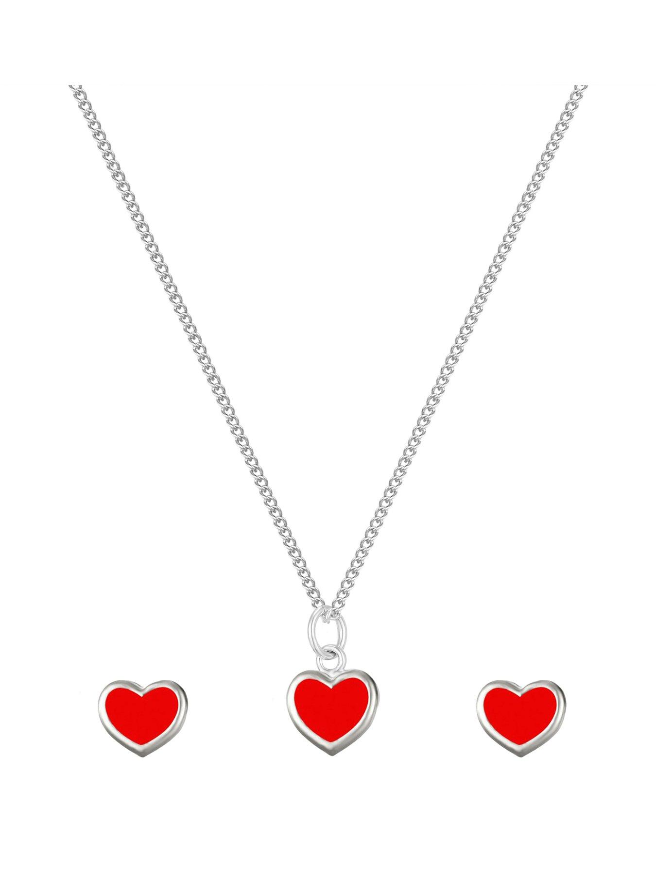 The Love Collection Sterling Silver Red Enamel Heart Necklace and Stud Set