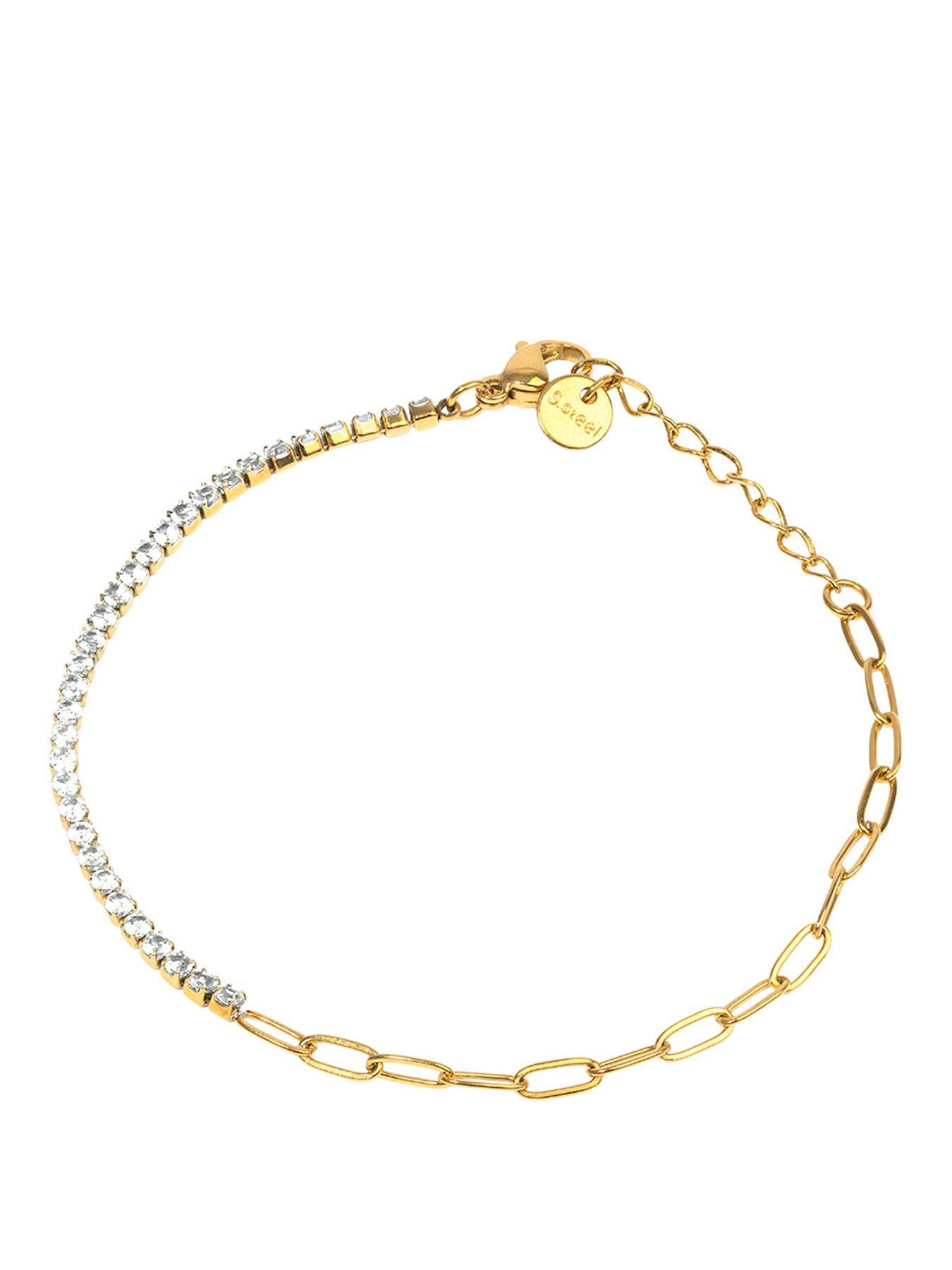 The Love Collection 18ct Gold PVD Plated Waterproof Stainless Steel Chain & Tennis bracelet in White CZ