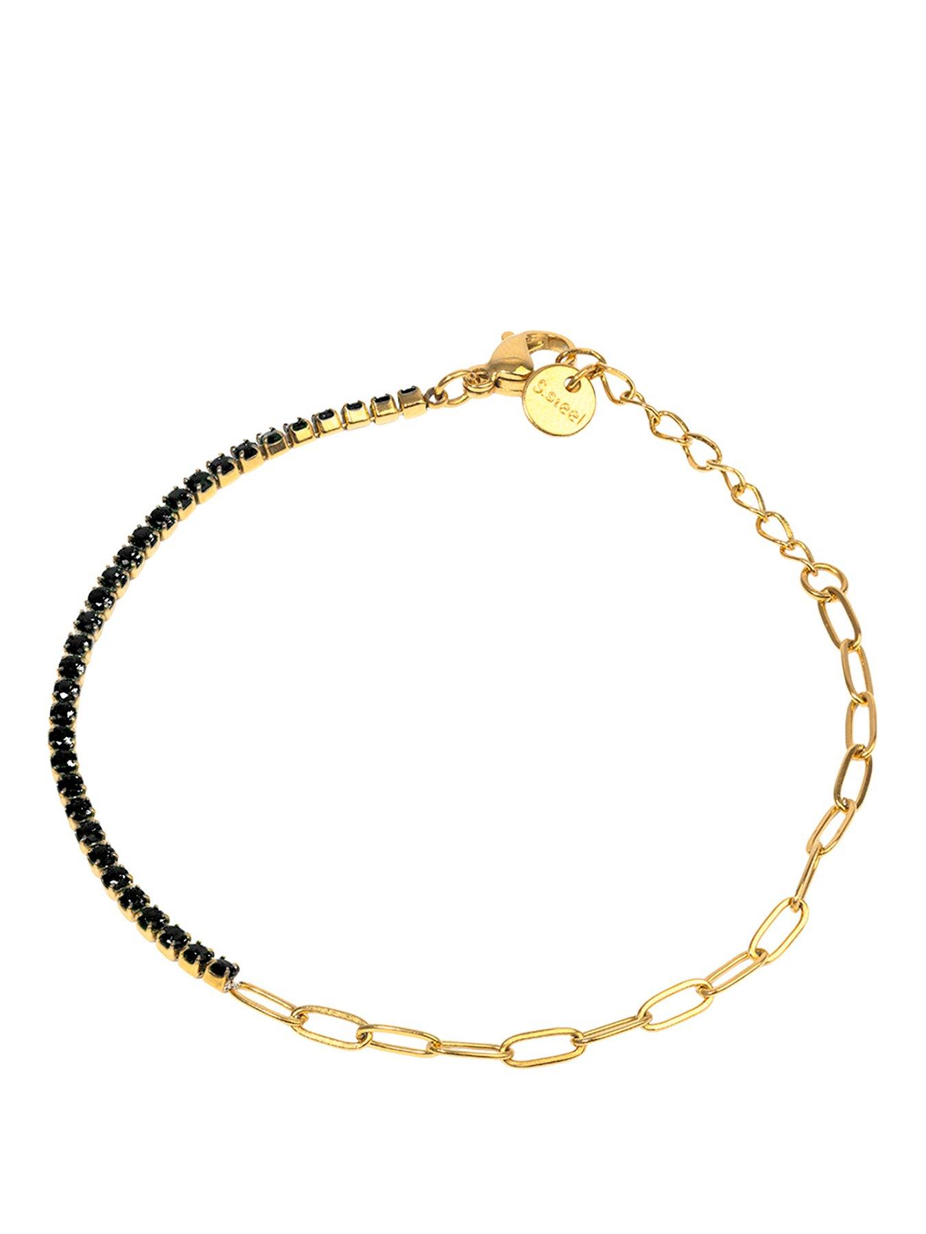 The Love Collection 18ct Gold PVD Plated Waterproof Stainless Steel Chain & Tennis bracelet in Black CZ