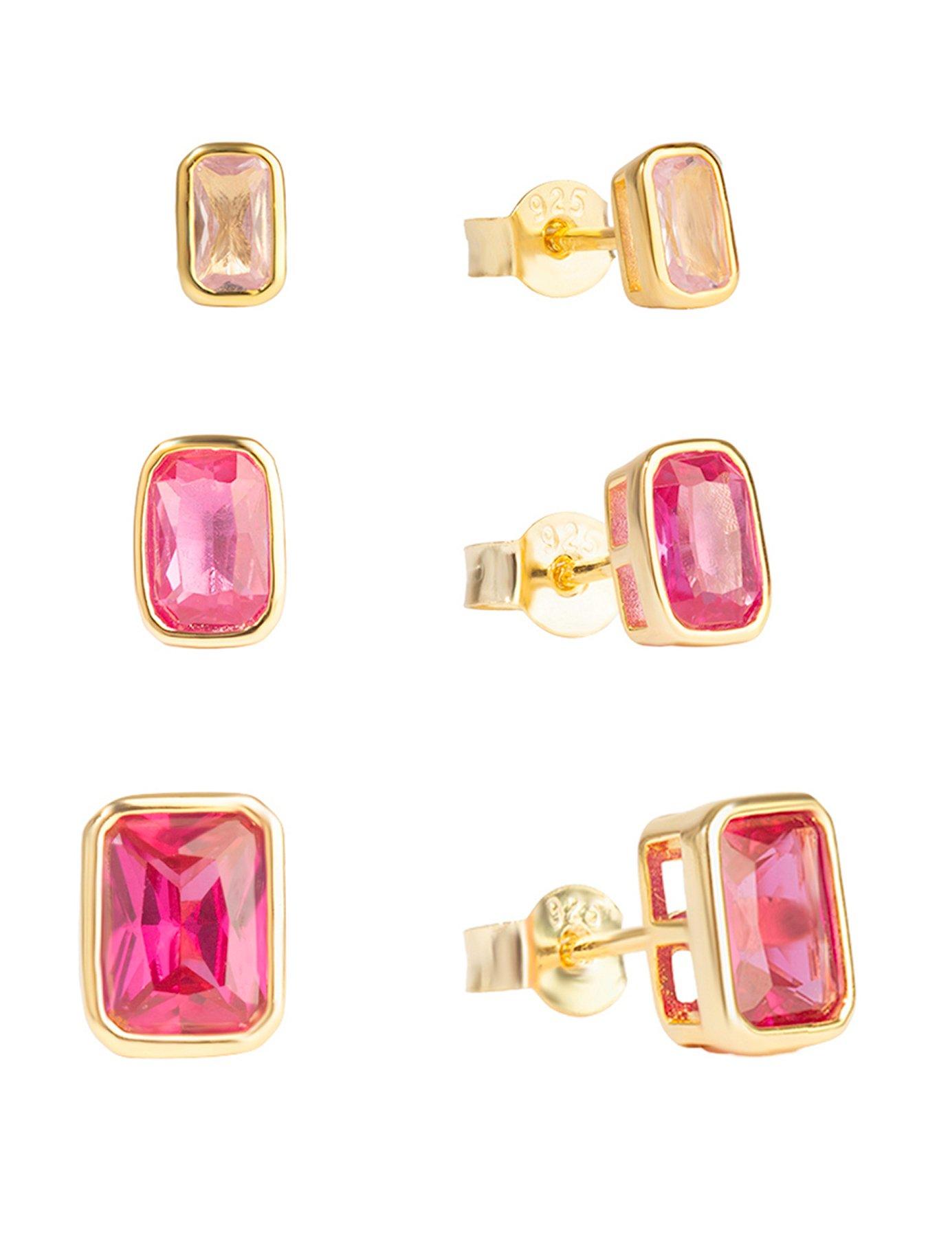 Image 1 of 5 of The Love Collection Gold Plated Sterling Silver Emerald Cut Ombre Ruby CZ Rub Over Stud Set