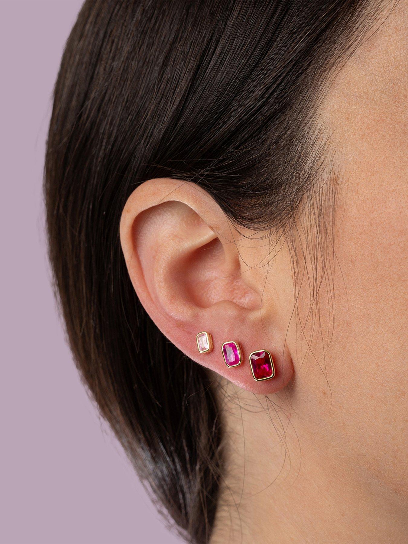 Image 2 of 5 of The Love Collection Gold Plated Sterling Silver Emerald Cut Ombre Ruby CZ Rub Over Stud Set