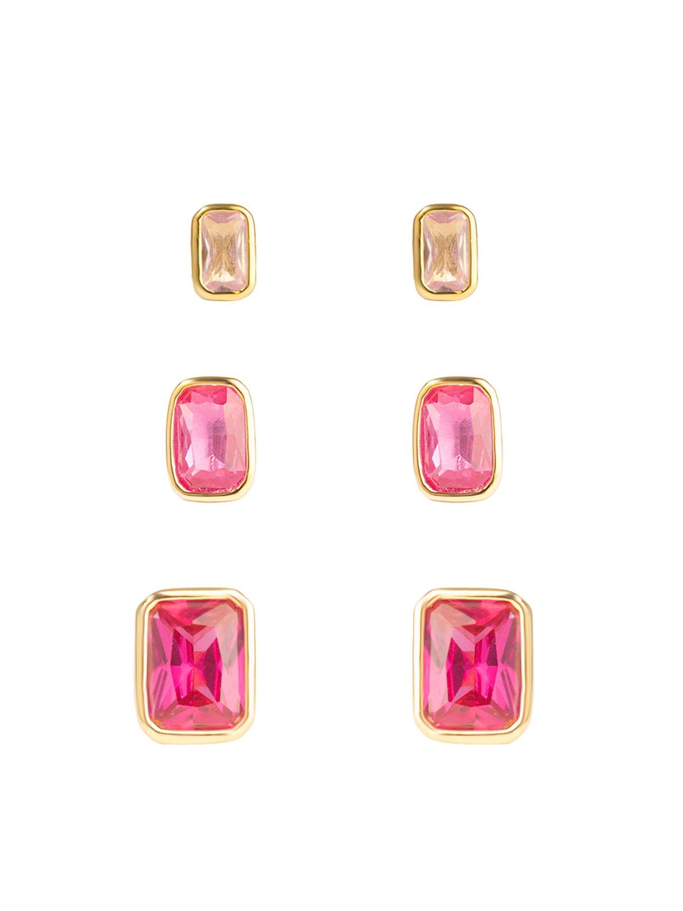 Image 3 of 5 of The Love Collection Gold Plated Sterling Silver Emerald Cut Ombre Ruby CZ Rub Over Stud Set