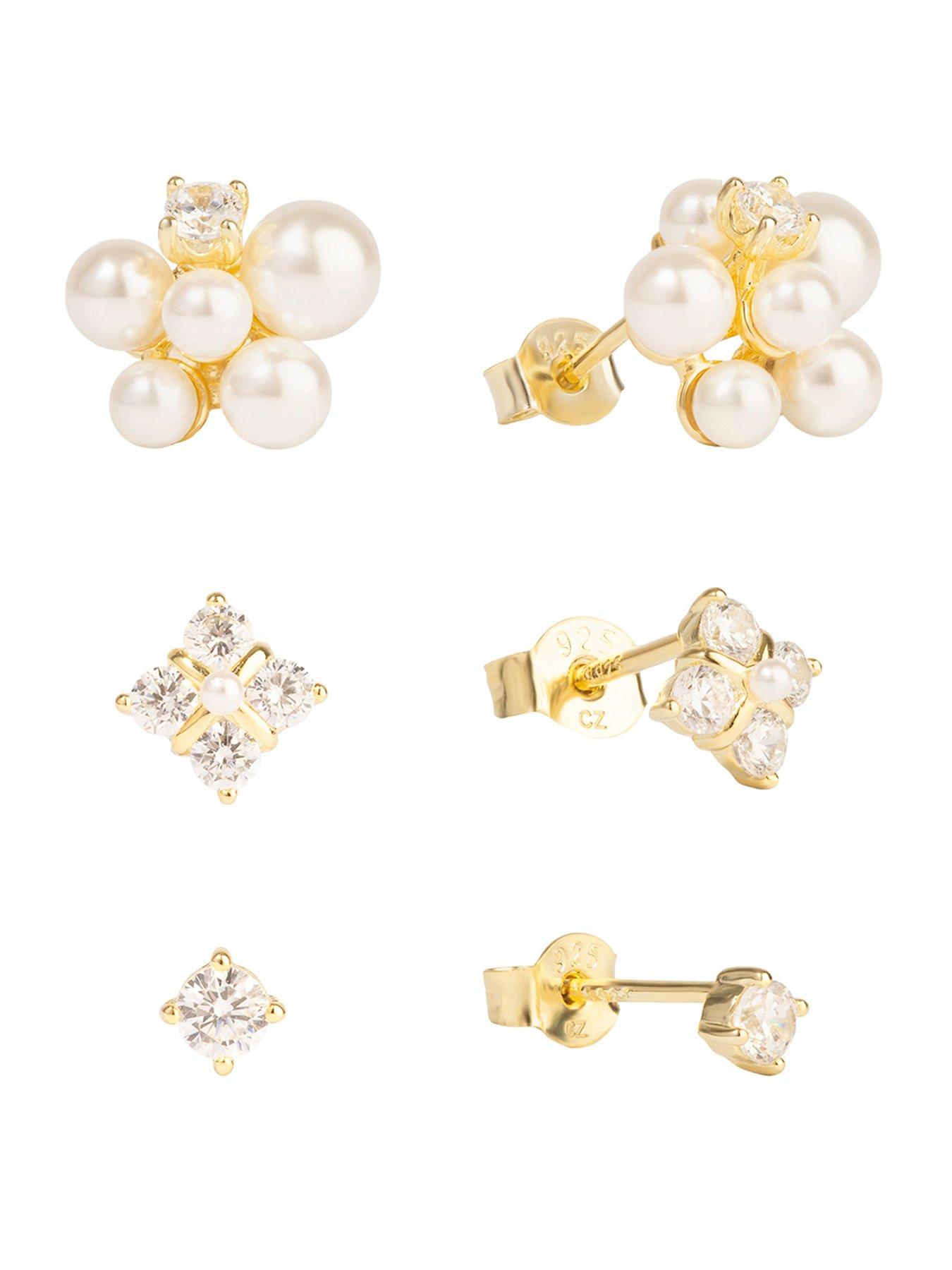 Image 1 of 5 of The Love Collection Gold Plated Sterling Silver Pearl and CZ Stud Set
