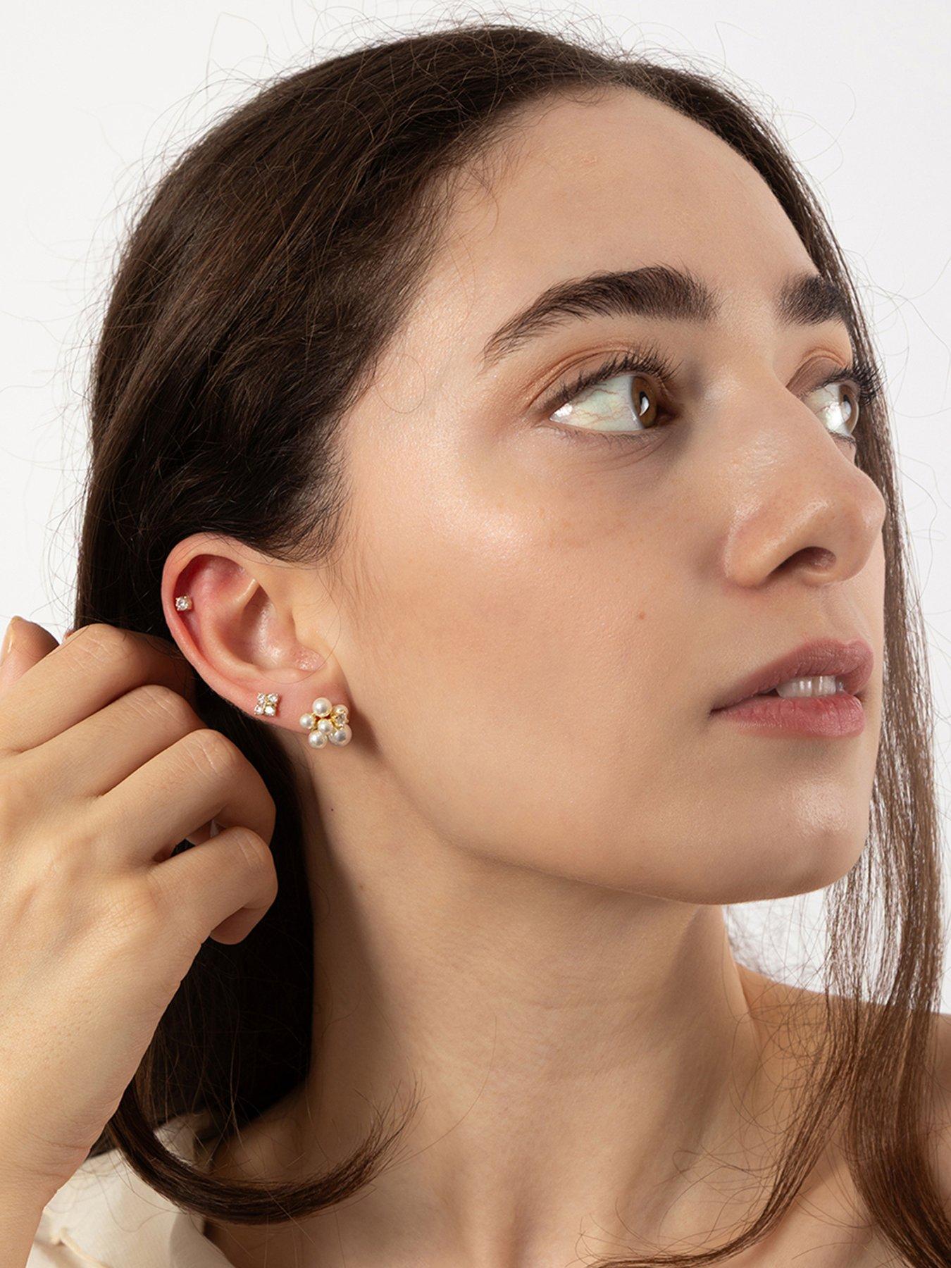 Image 2 of 5 of The Love Collection Gold Plated Sterling Silver Pearl and CZ Stud Set