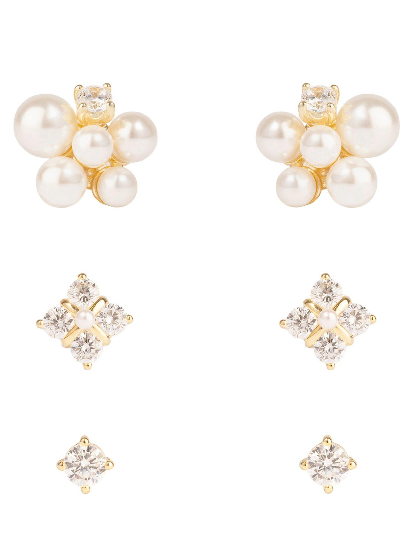 Image 3 of 5 of The Love Collection Gold Plated Sterling Silver Pearl and CZ Stud Set