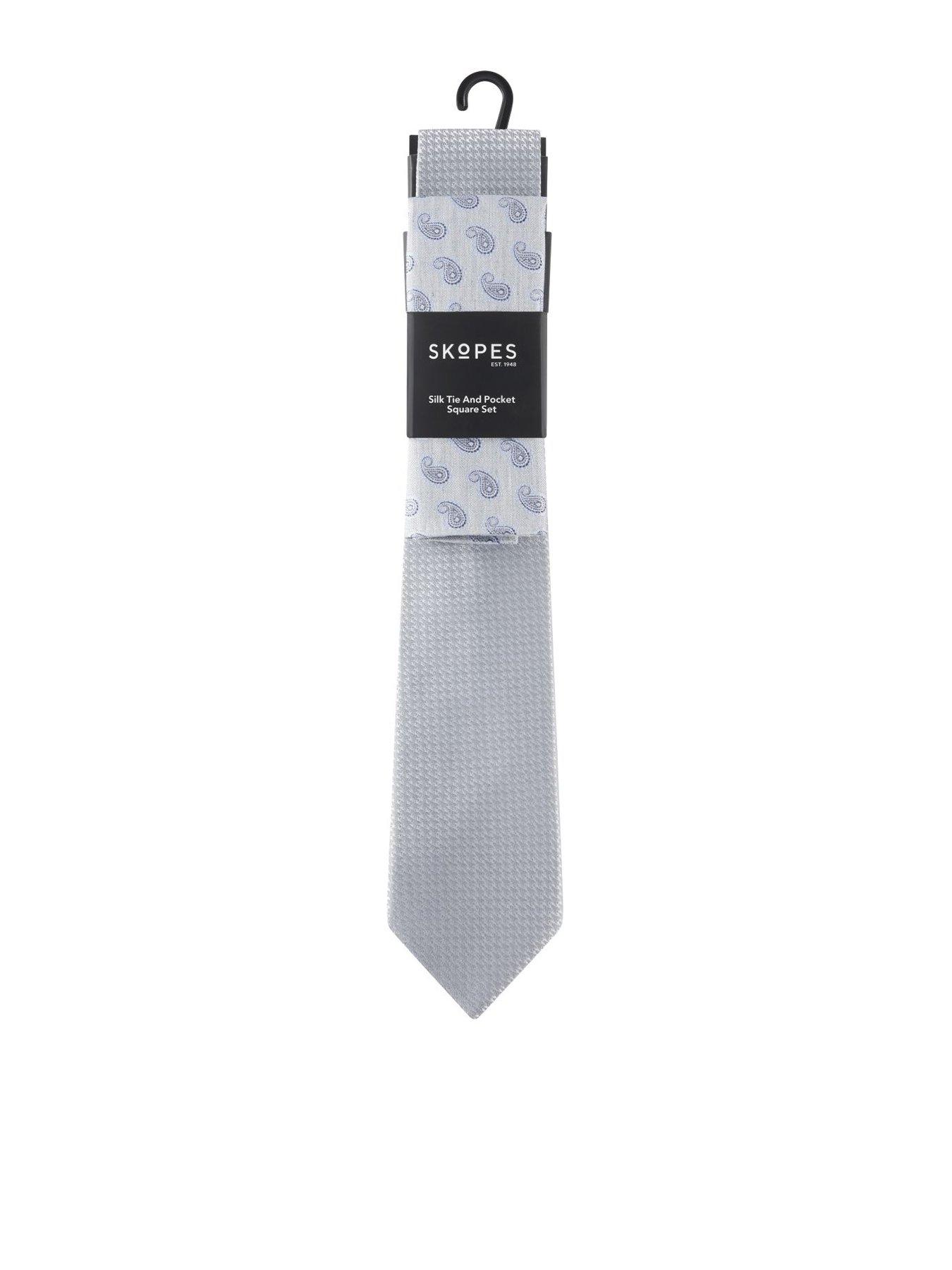 Image 1 of 4 of Skopes Silver Plain Tie &amp; Paisley Pocket Square Set