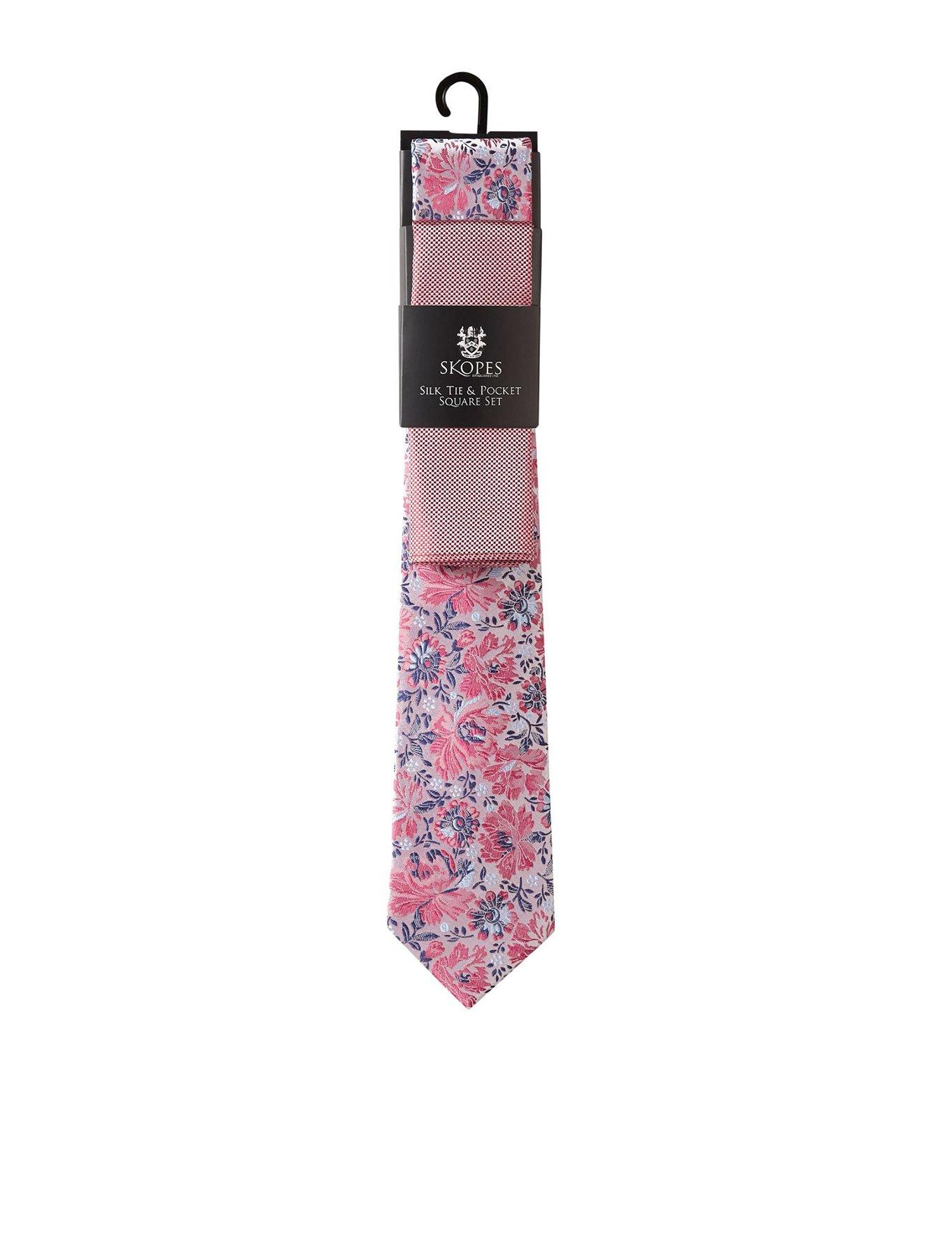 Image 1 of 4 of Skopes Pink Floral Silk Tie &amp; Pocket Square Set