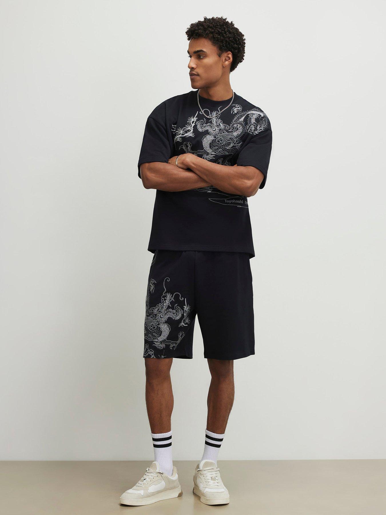 River Island Textured Dragon Embroidered Shorts - Black