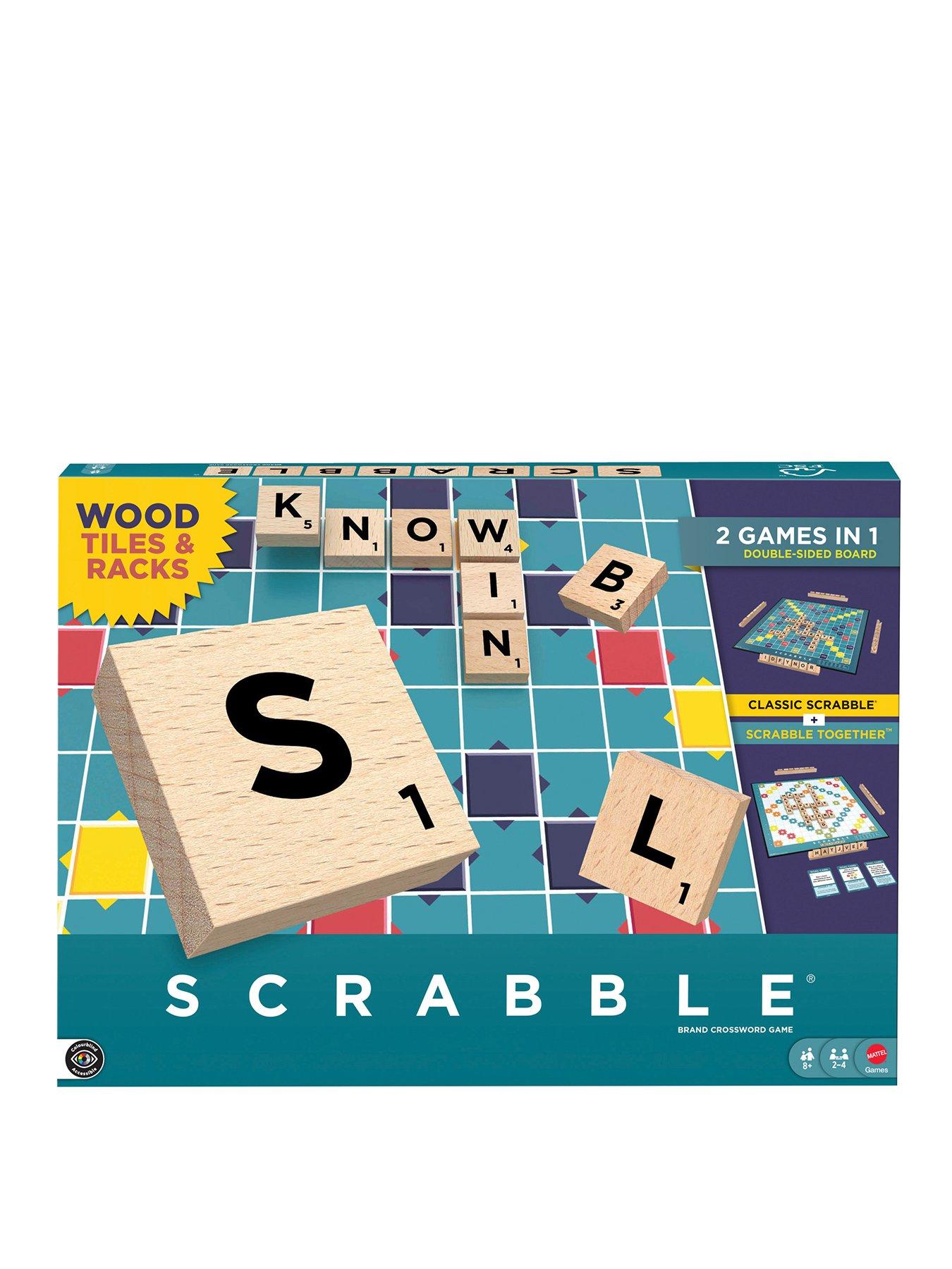 Scrabble Board Game Family Word Game with Wood Tiles and Racks and Two Ways to Play for 2-4 Players