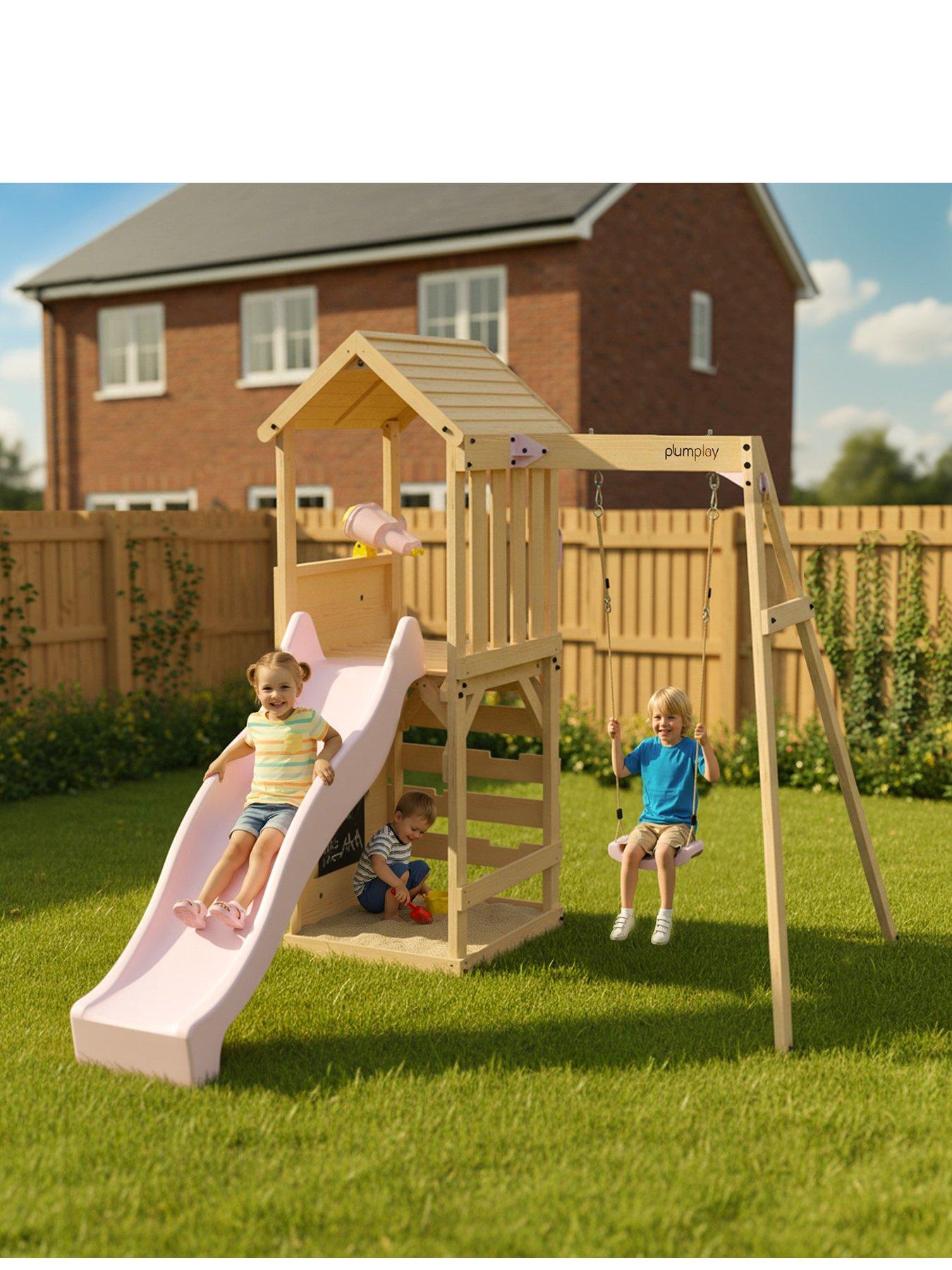 Image 1 of 7 of Plum Wooden Lookout Tower with Single Swing - Pastel Pink