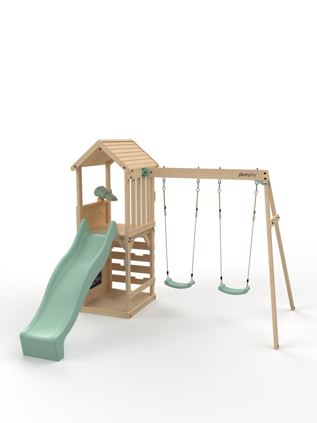 Image 2 of 7 of Plum Double Swing Wooden Lookout Tower Playset - Pastel Green