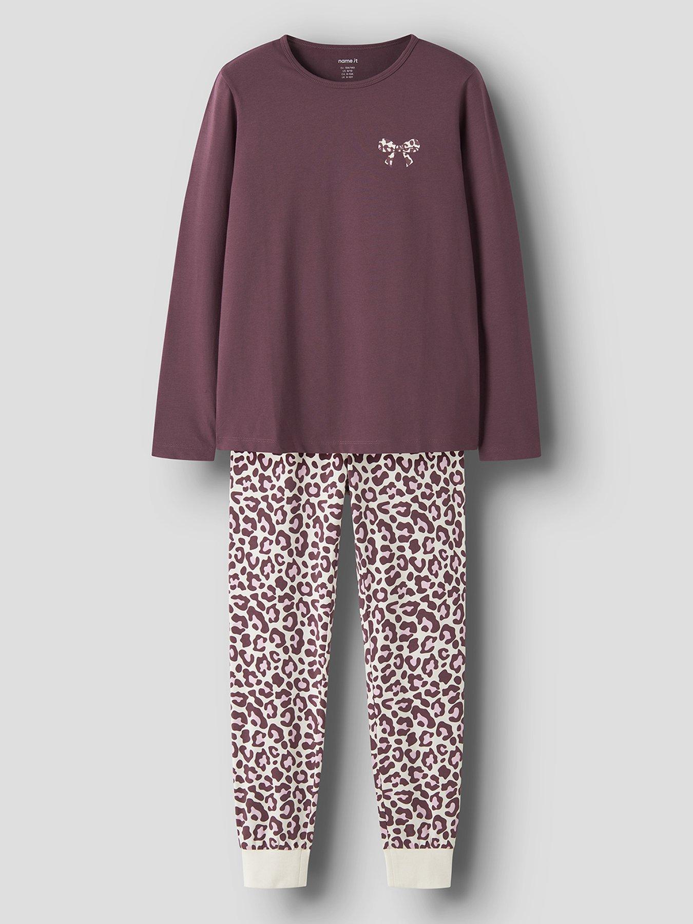 Image 1 of 4 of Name It Girls Bow Print Leopard Pyjamas - Brown