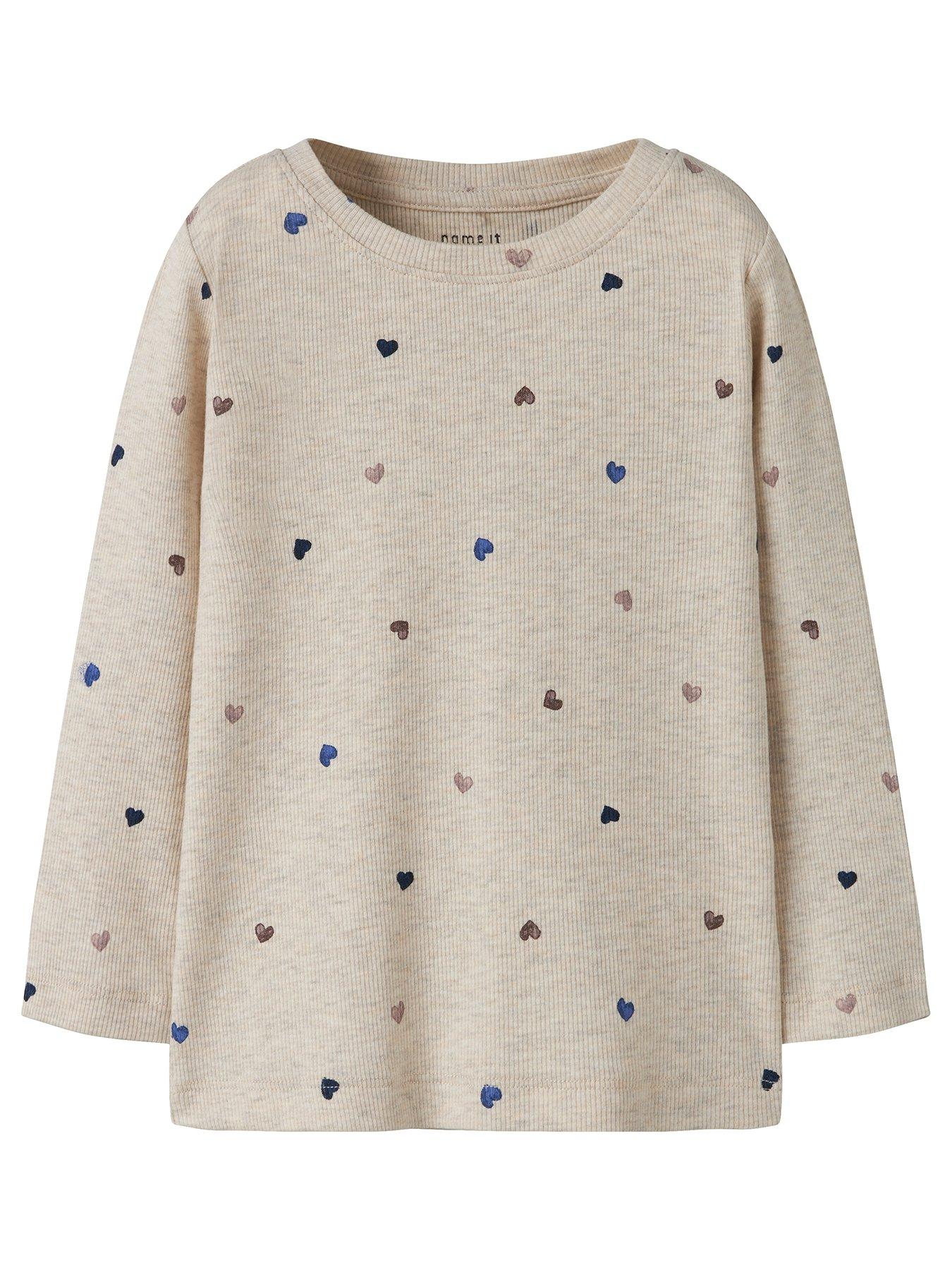 Name It Mini Girls Heart Print Long Sleeve Rib Tshirt - Cream