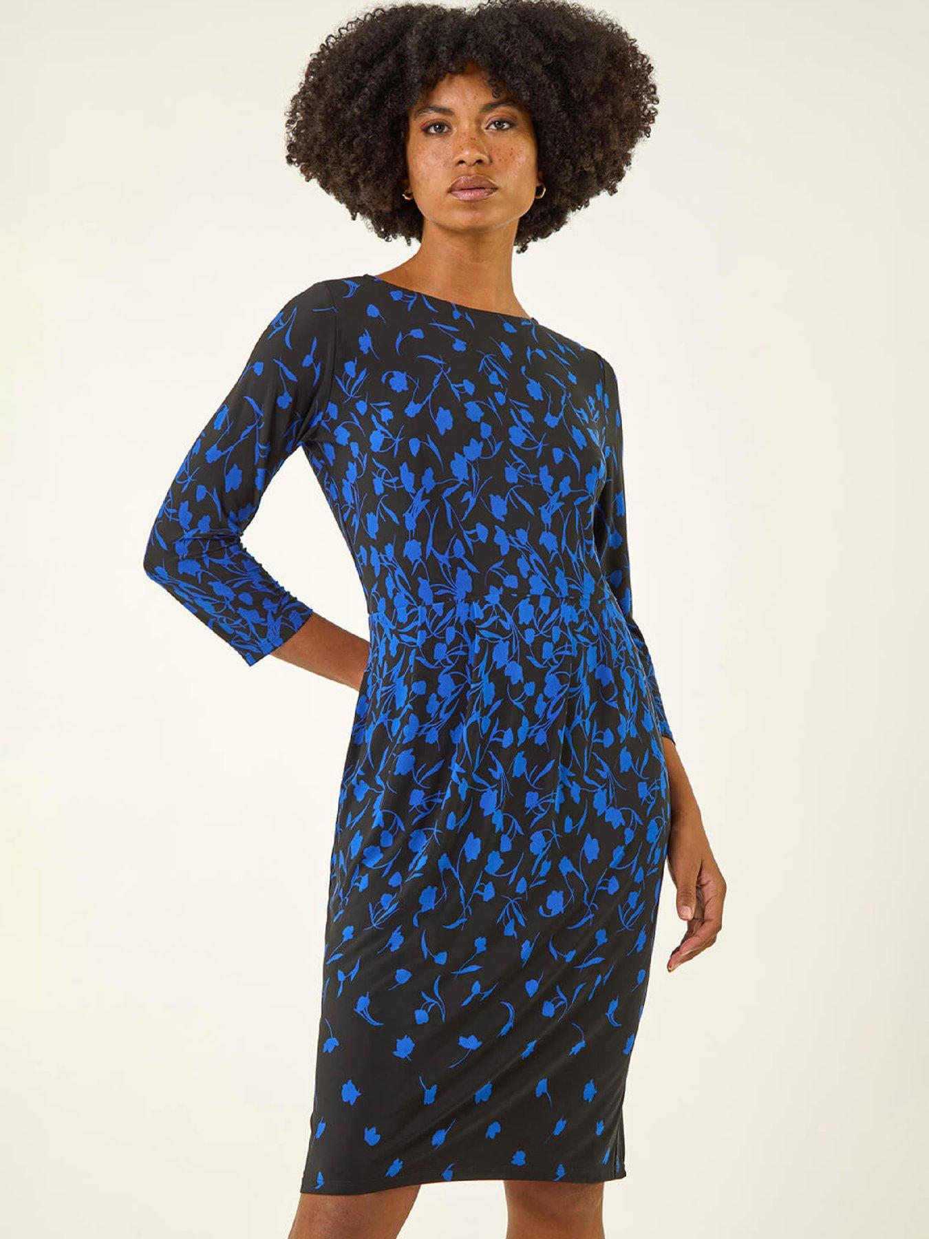 Roman Floral Pleat Pocket Front Stretch Dress