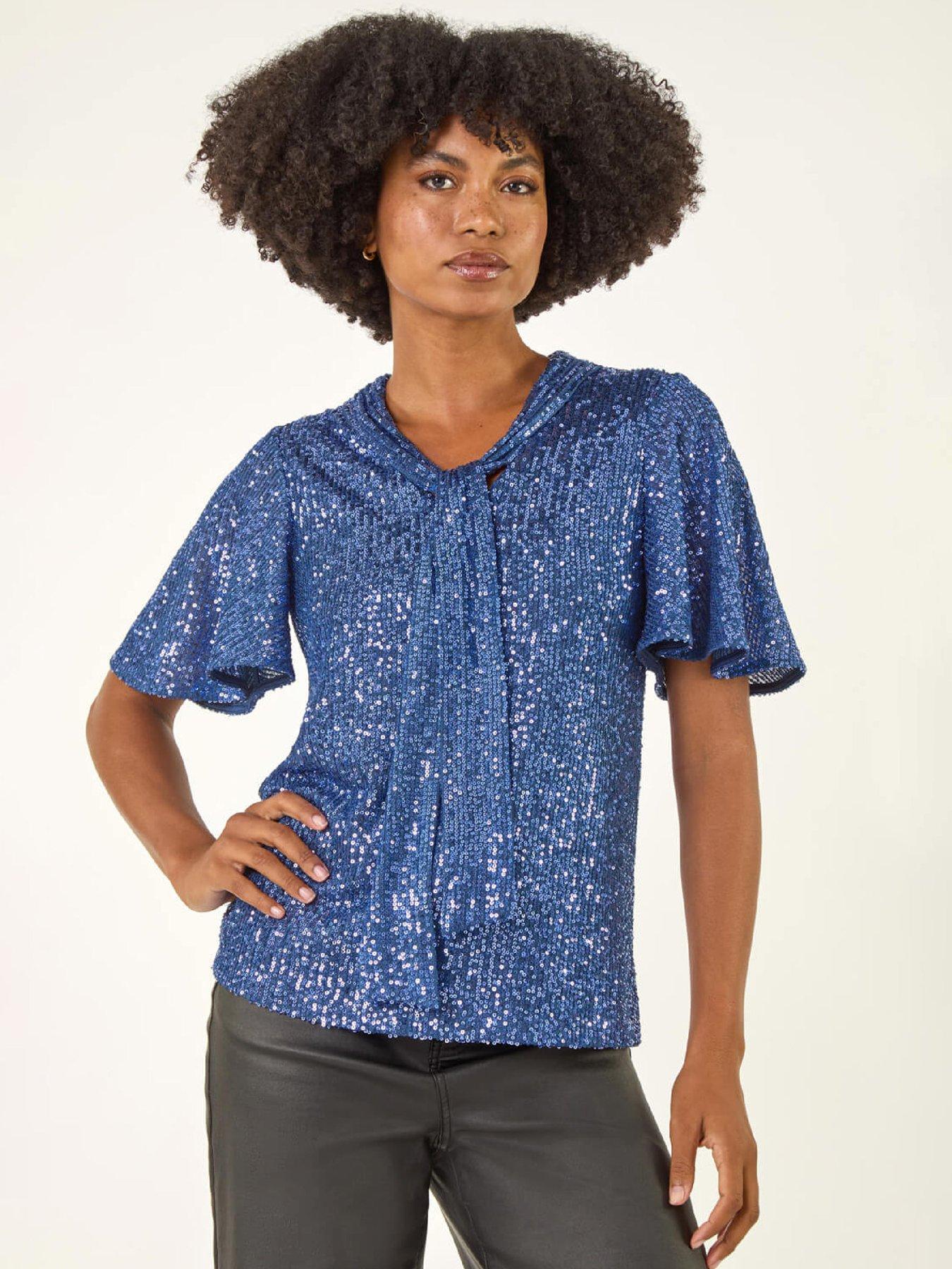 Roman Sequin Tie Neck Top