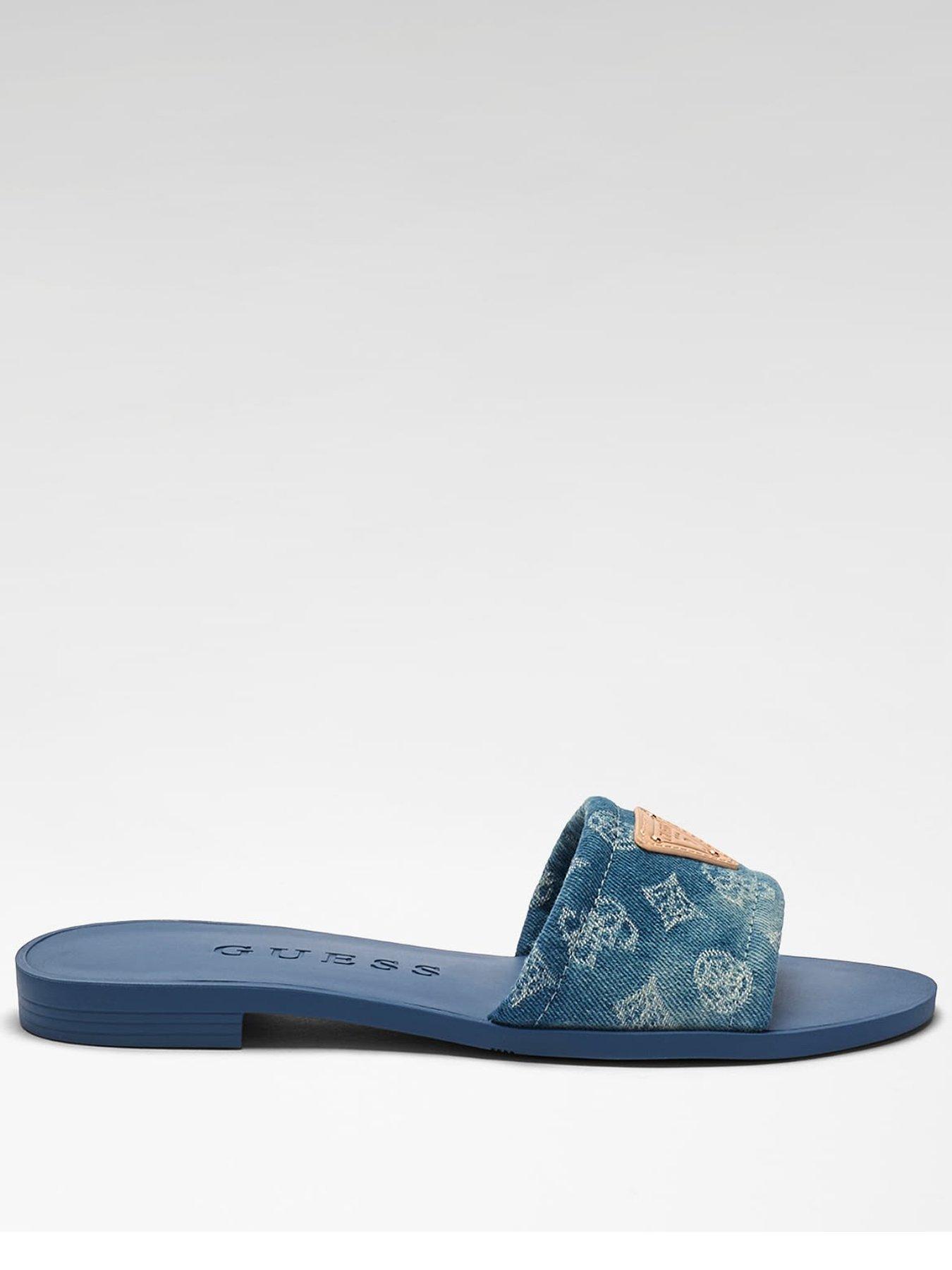 Guess Elysone Denim Logo Slide Sandals - Blue