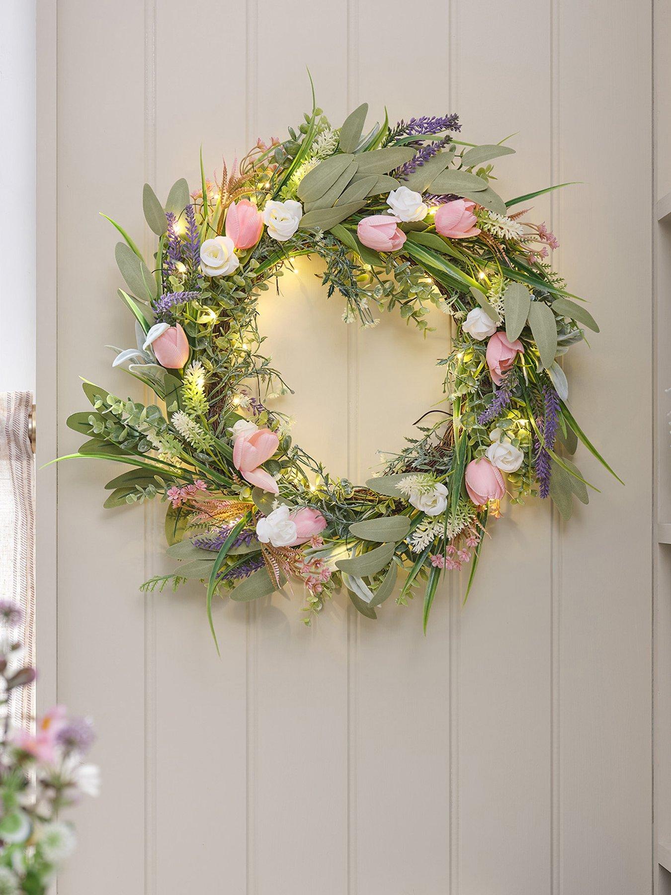Lights4Fun 55cm Pre Lit Tulip and Lavender Wreath