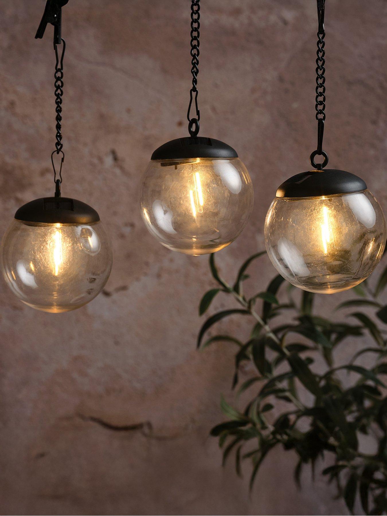 Lights4Fun Set of 3 Globe LED Filament Style Solar Hanging Lanterns