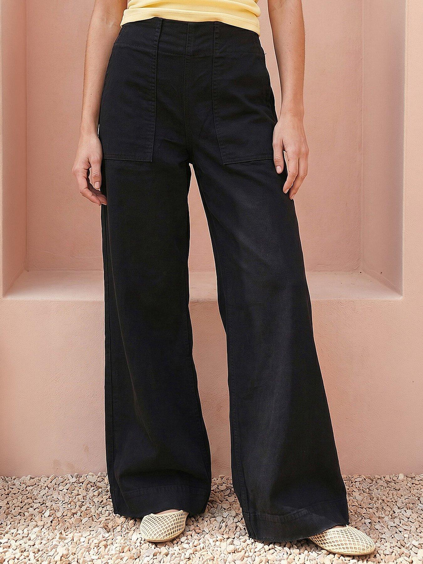 Roman Cotton Stretch Wide Leg Jean, Black, Size 20, Women