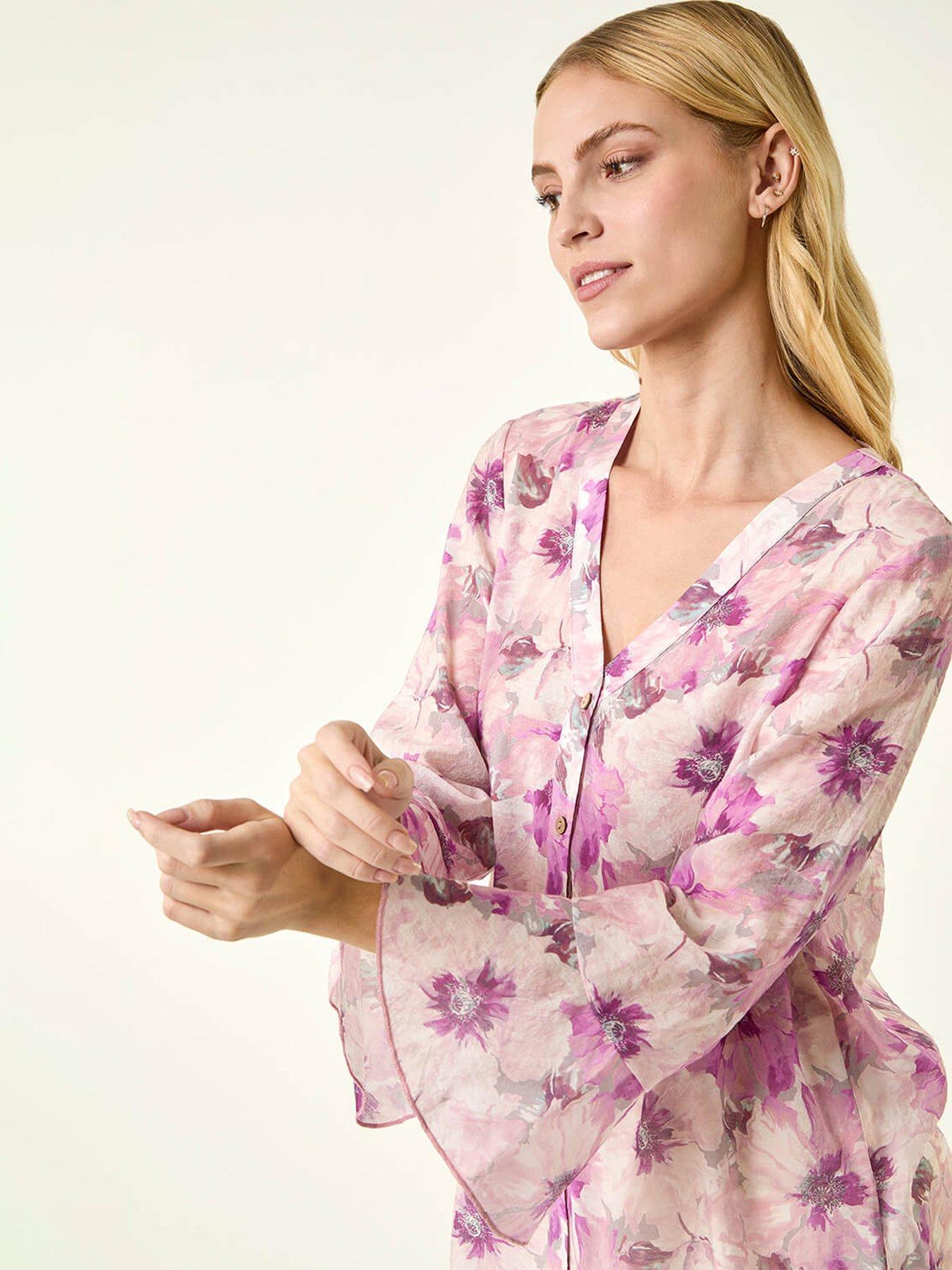 Roman Floral Print Flare Sleeve Blouse