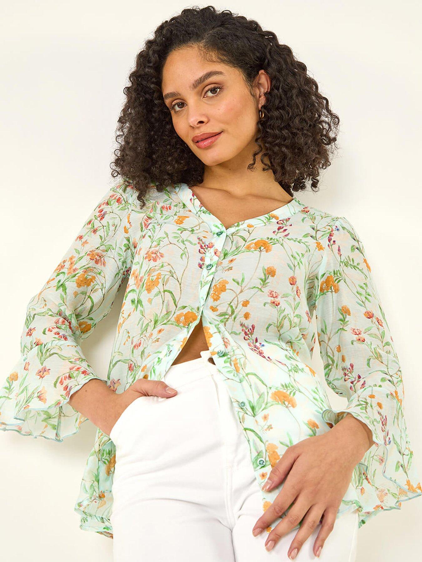 Roman Floral Flare Sleeve Buttoned Blouse