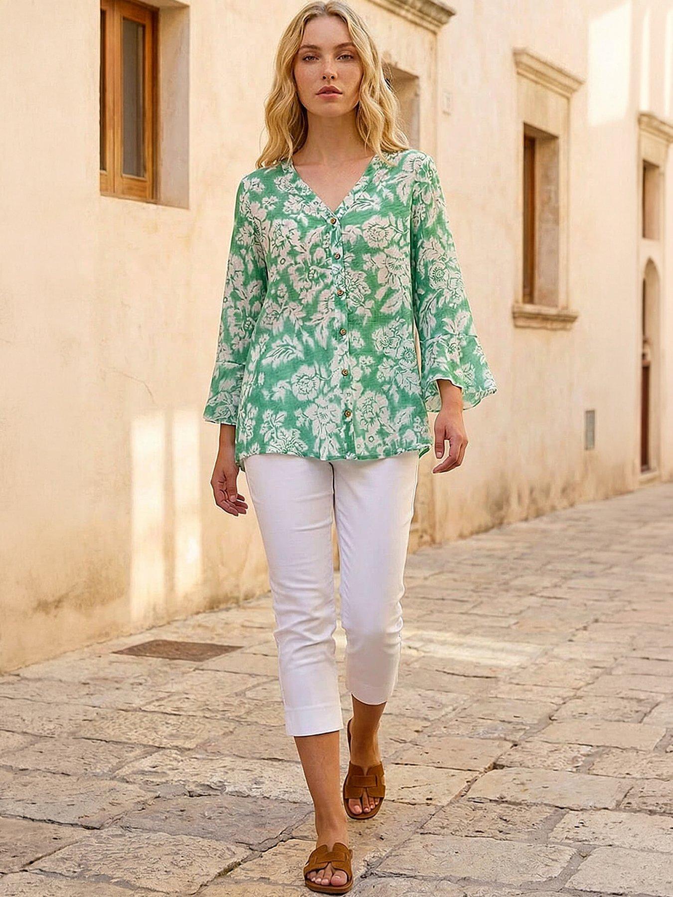 Roman Floral Print Flare Sleeve Blouse