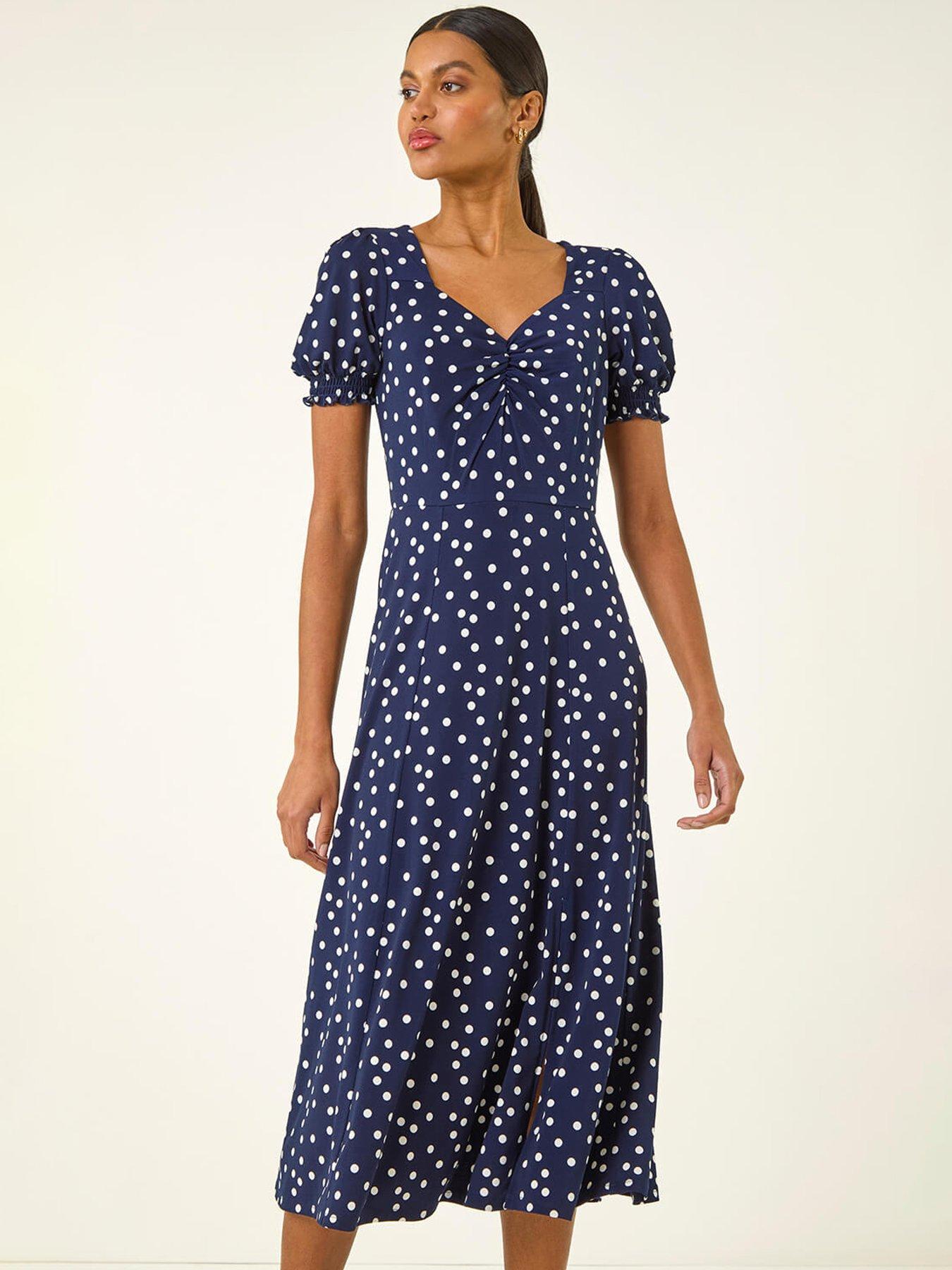 Roman Spot Print Sweetheart Neck Midi Dress