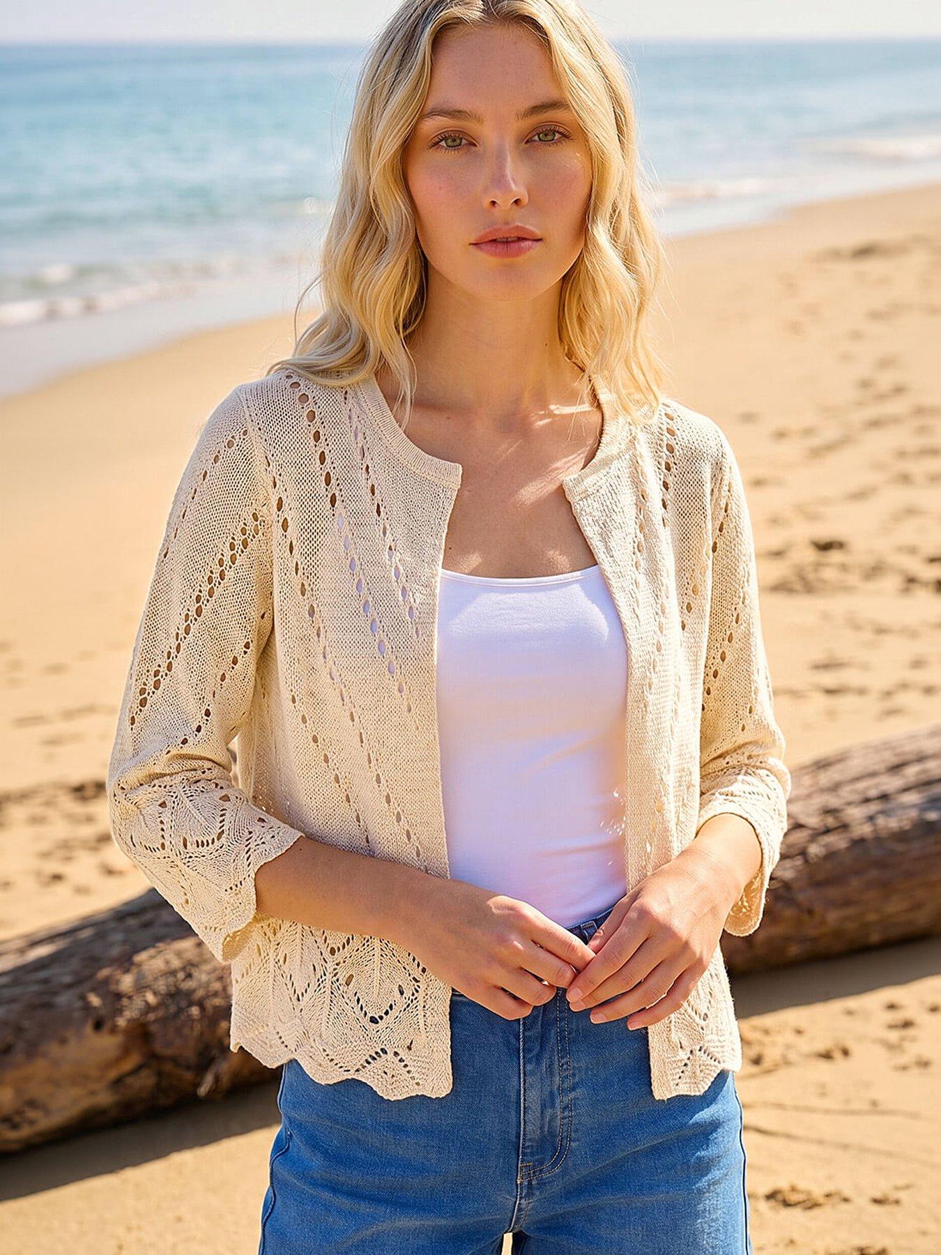 Roman Pointelle Knit Cardigan, White, Size 14, Women