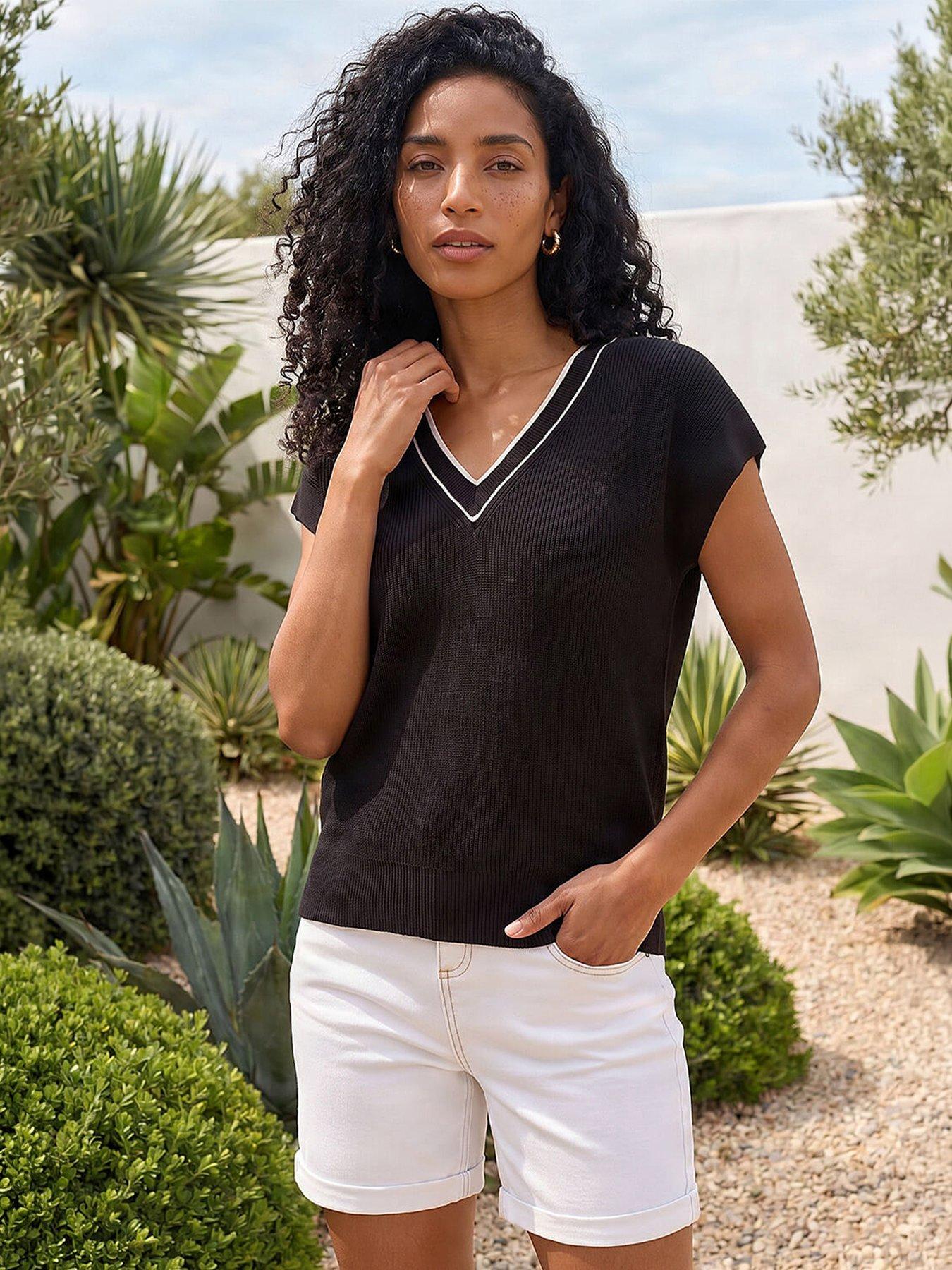 Roman Light Weight V-neck Knitted Vest, Black, Size 16, Women
