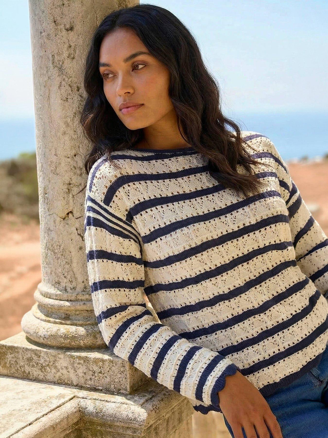 Roman Stripe Pointelle Knit Jumper, White, Size 18, Women