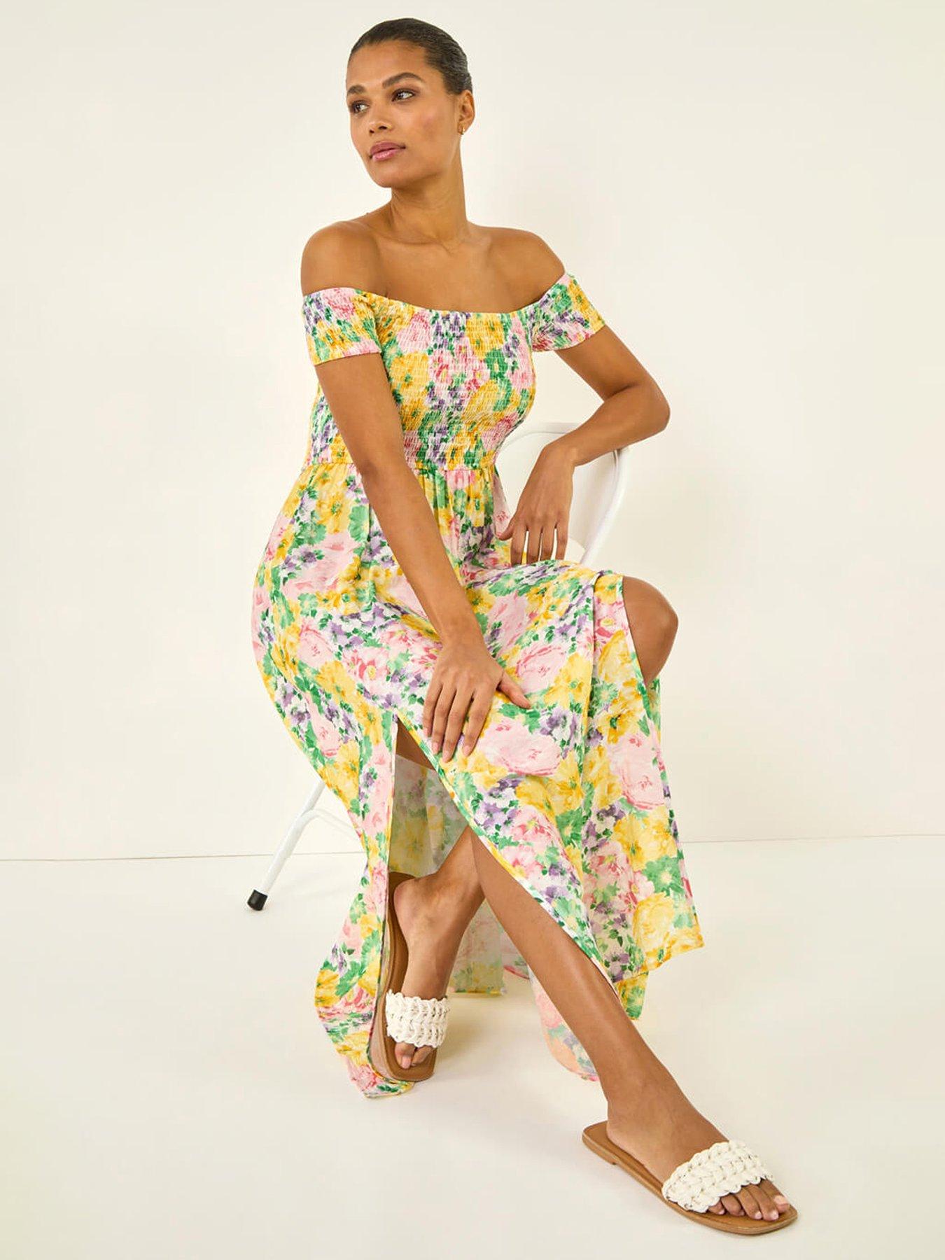Roman Floral Print Bardot Shirred Midi Dress