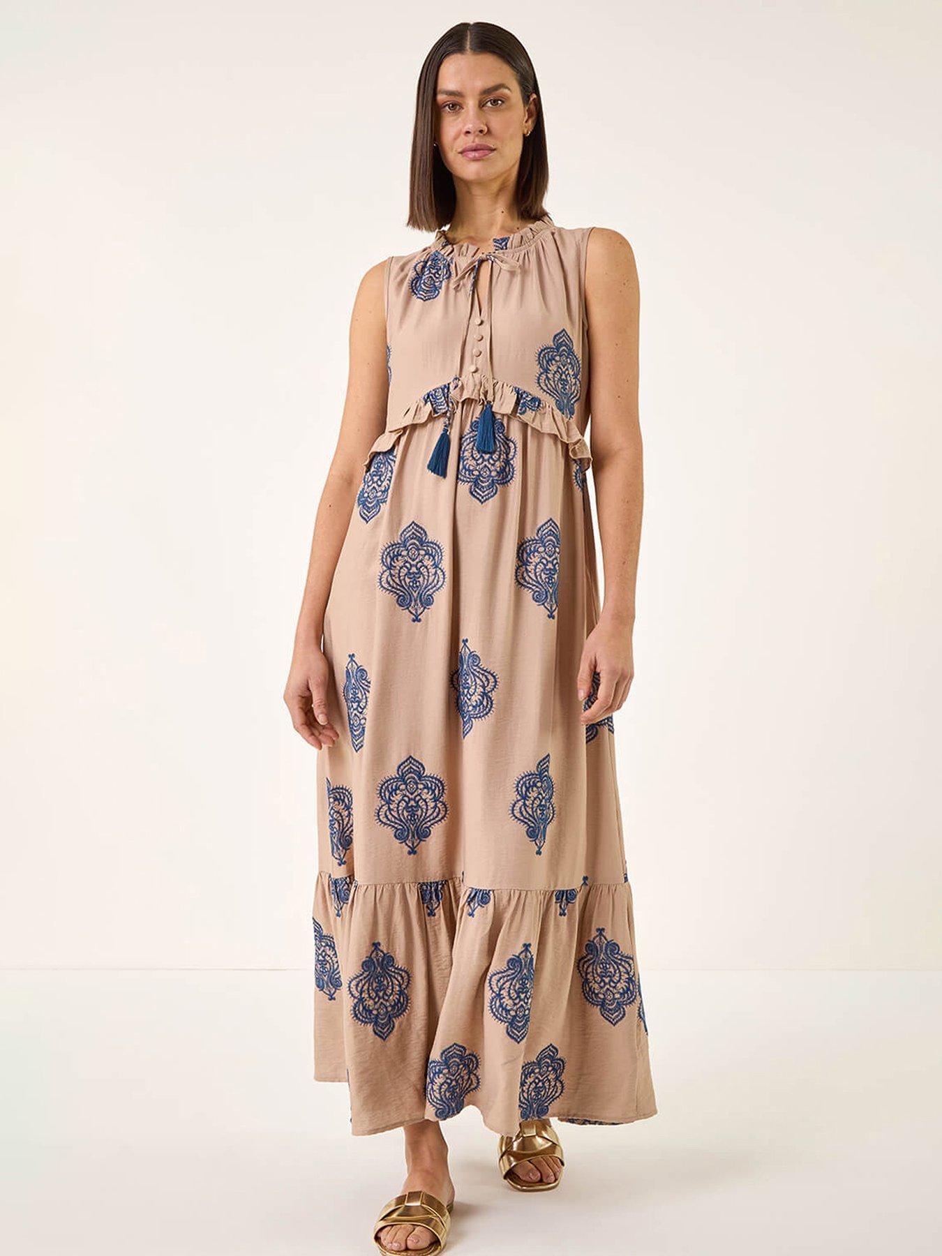 Roman Embroidered Tie Front Maxi Dress