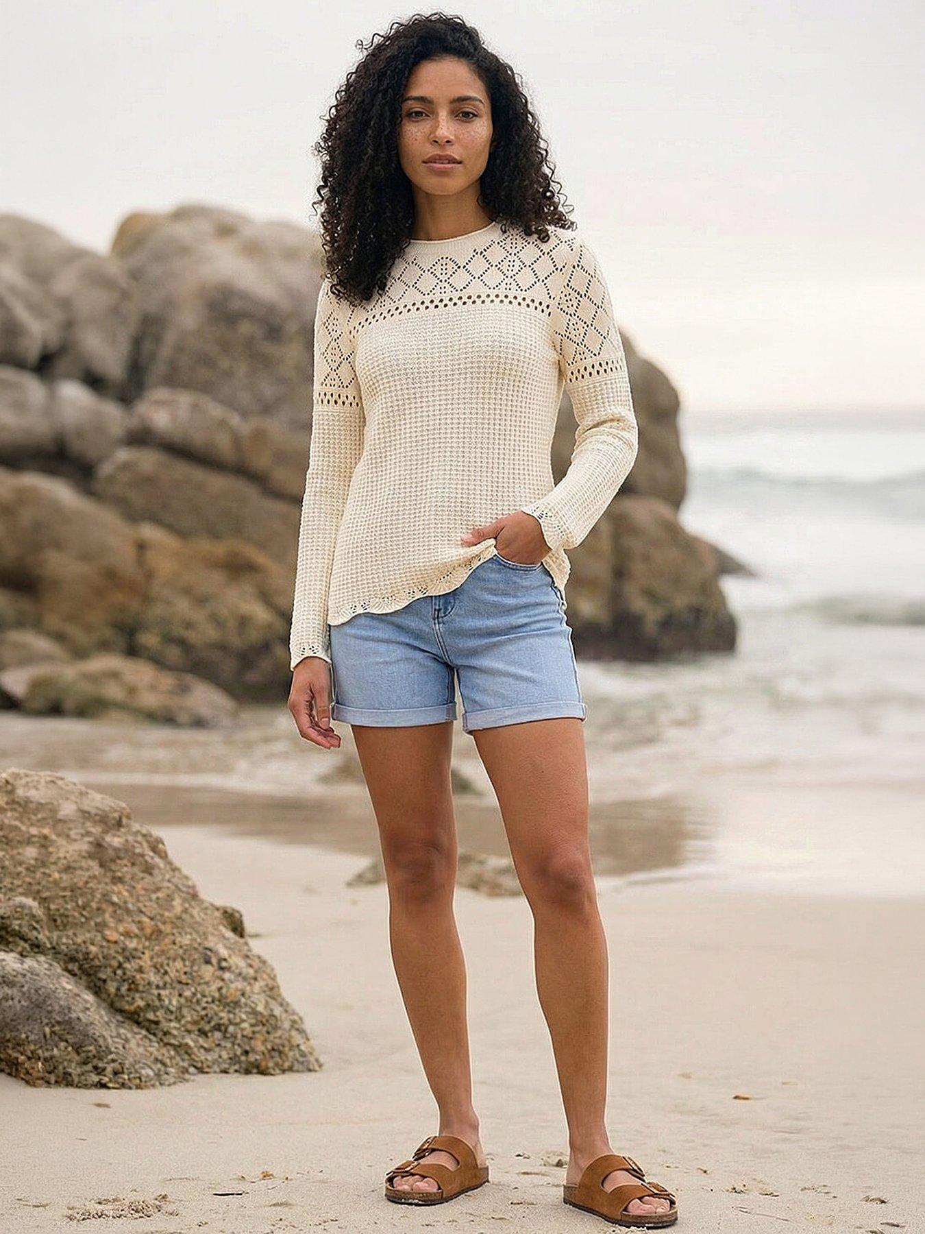 Roman Textured Wave Hem Knit Jumper, White, Size 14, Women